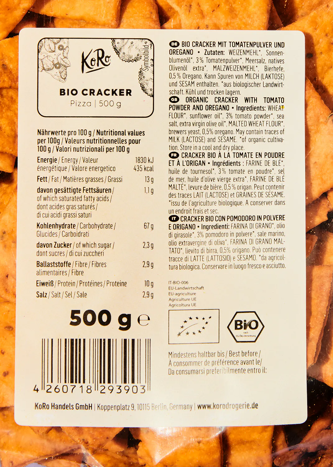 the back of a 500 g package of bio cracker pizza