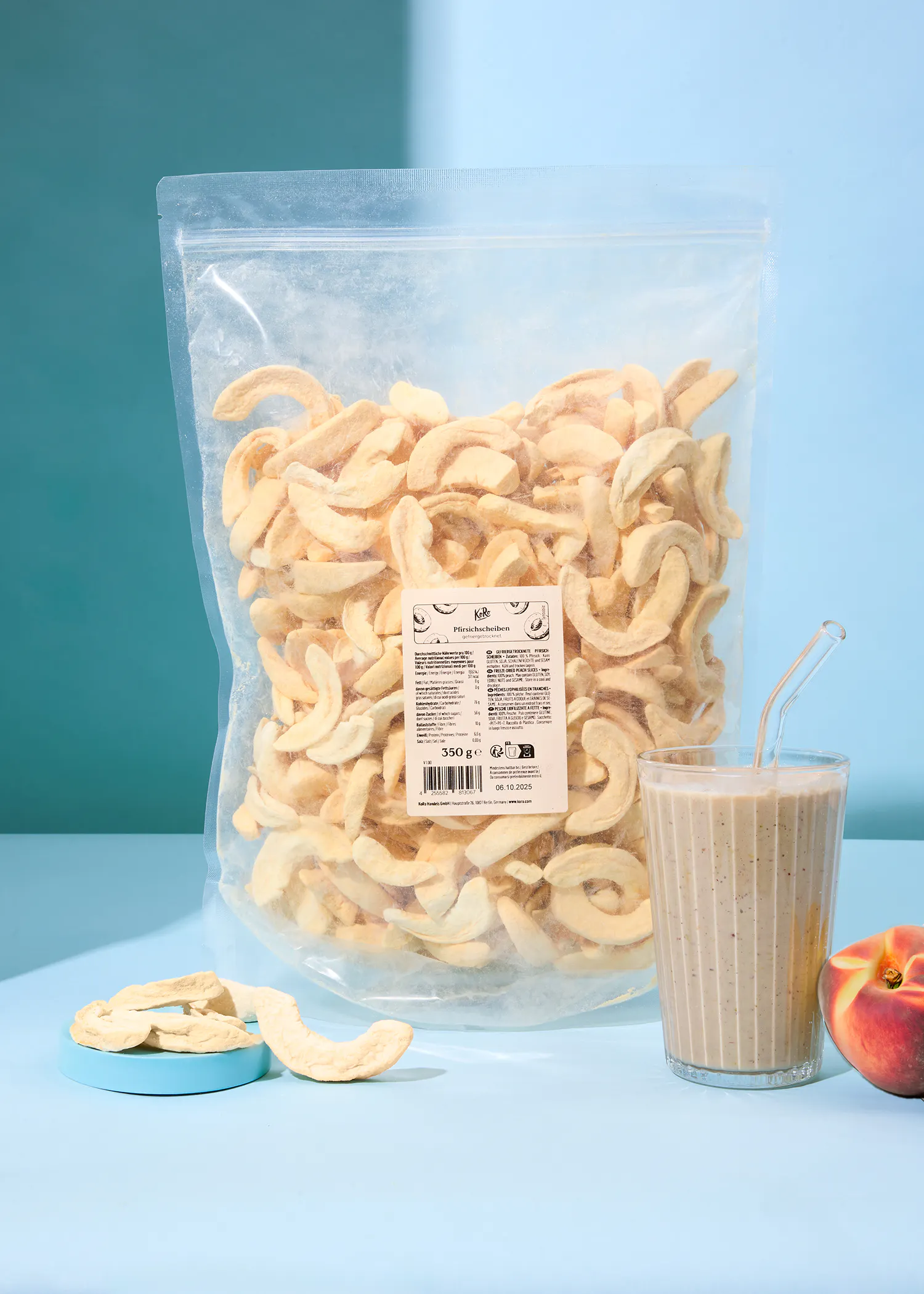 a bag of dried apple slices sits next to a glass of milk