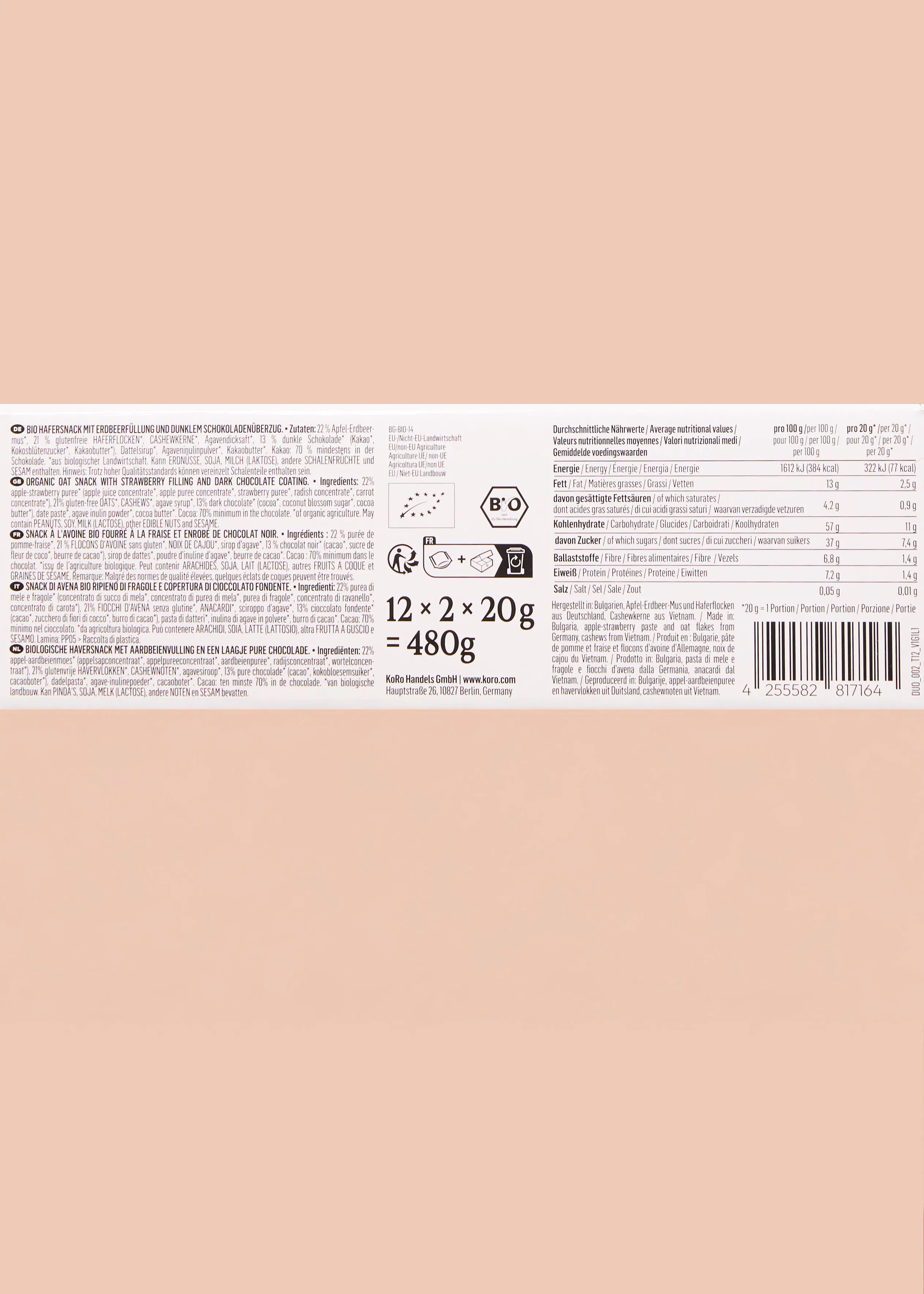 the back of a food product package displays a nutritional information table, ingredient lists in multiple languages, and product details.