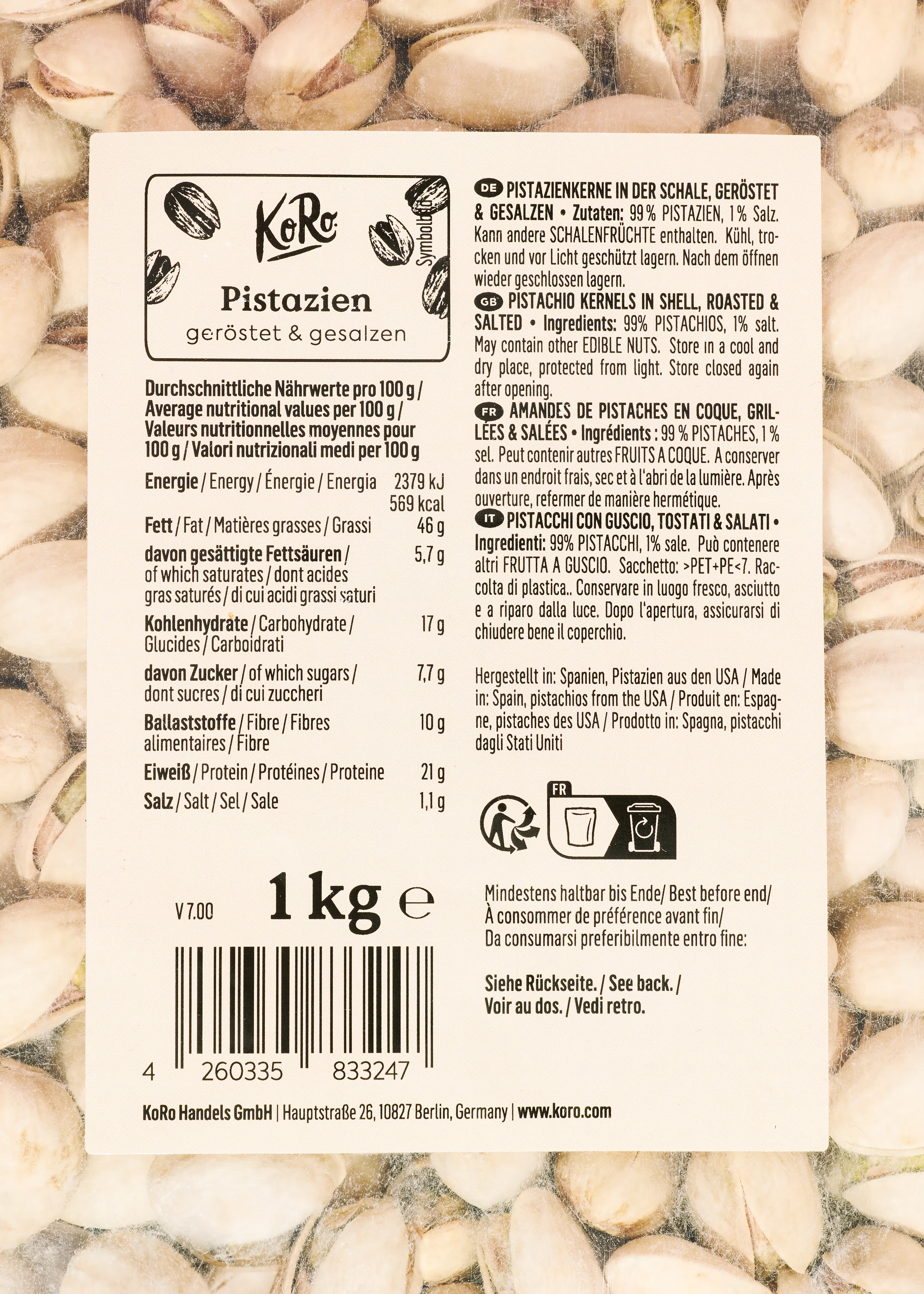 l' arrière de l' emballage d' un kilogramme de pistaches