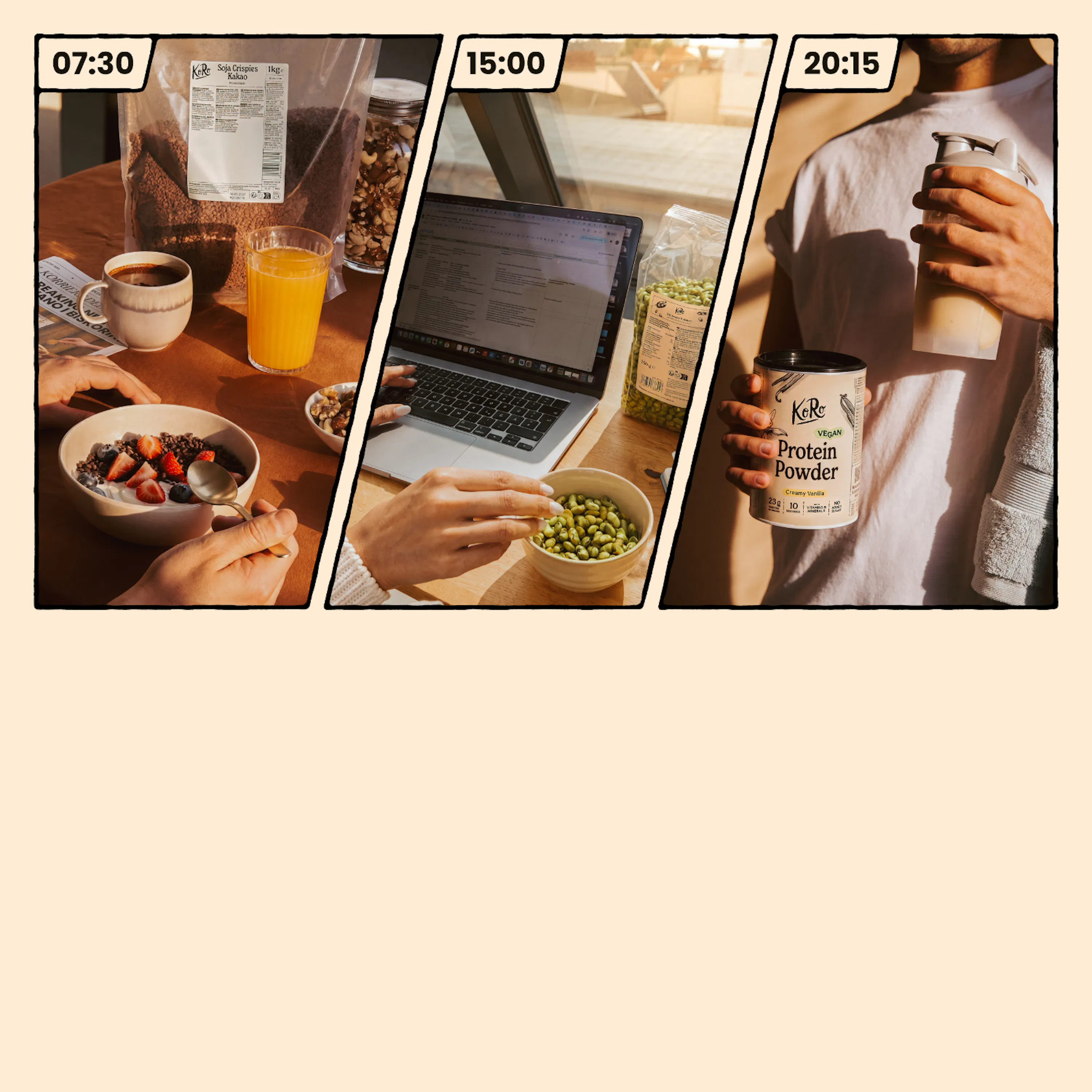 drei bilder zeigen den tagesablauf einer person mit koro-produkten: frühstück mit soja-crispies, arbeiten mit erbsen als snack und abendlicher protein-shake.