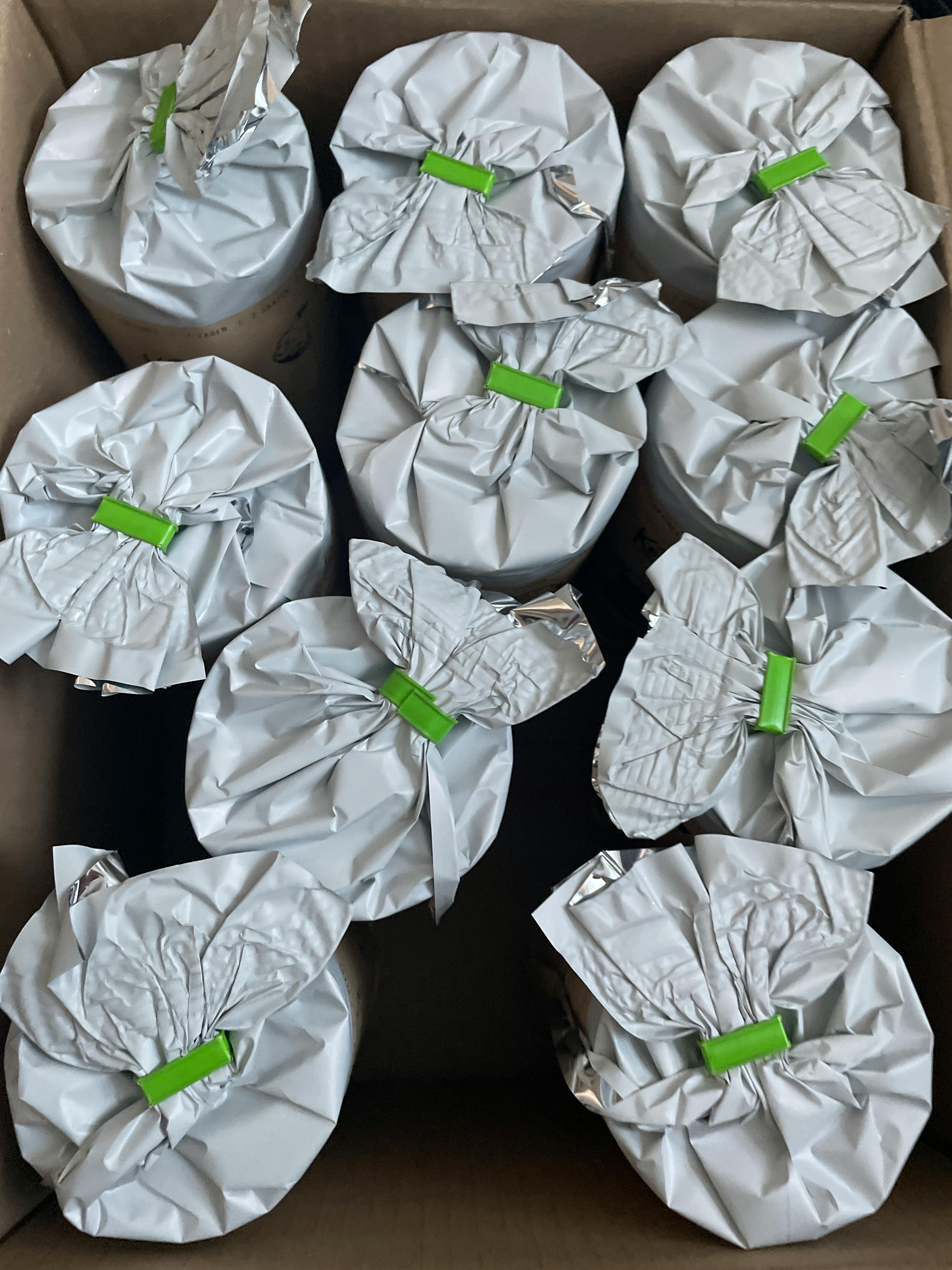 eine Schachtel mit silbernen Plastiktüten mit grünen Knöpfen