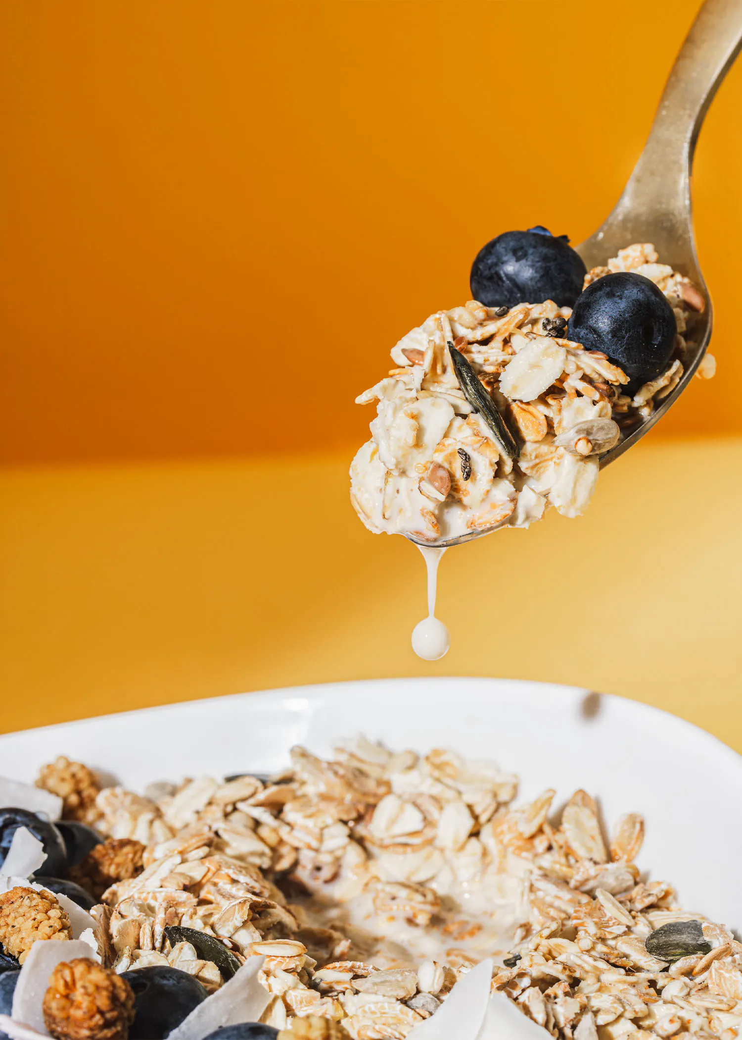 une cuillère remplie d' avoine et de myrtilles sur une assiette