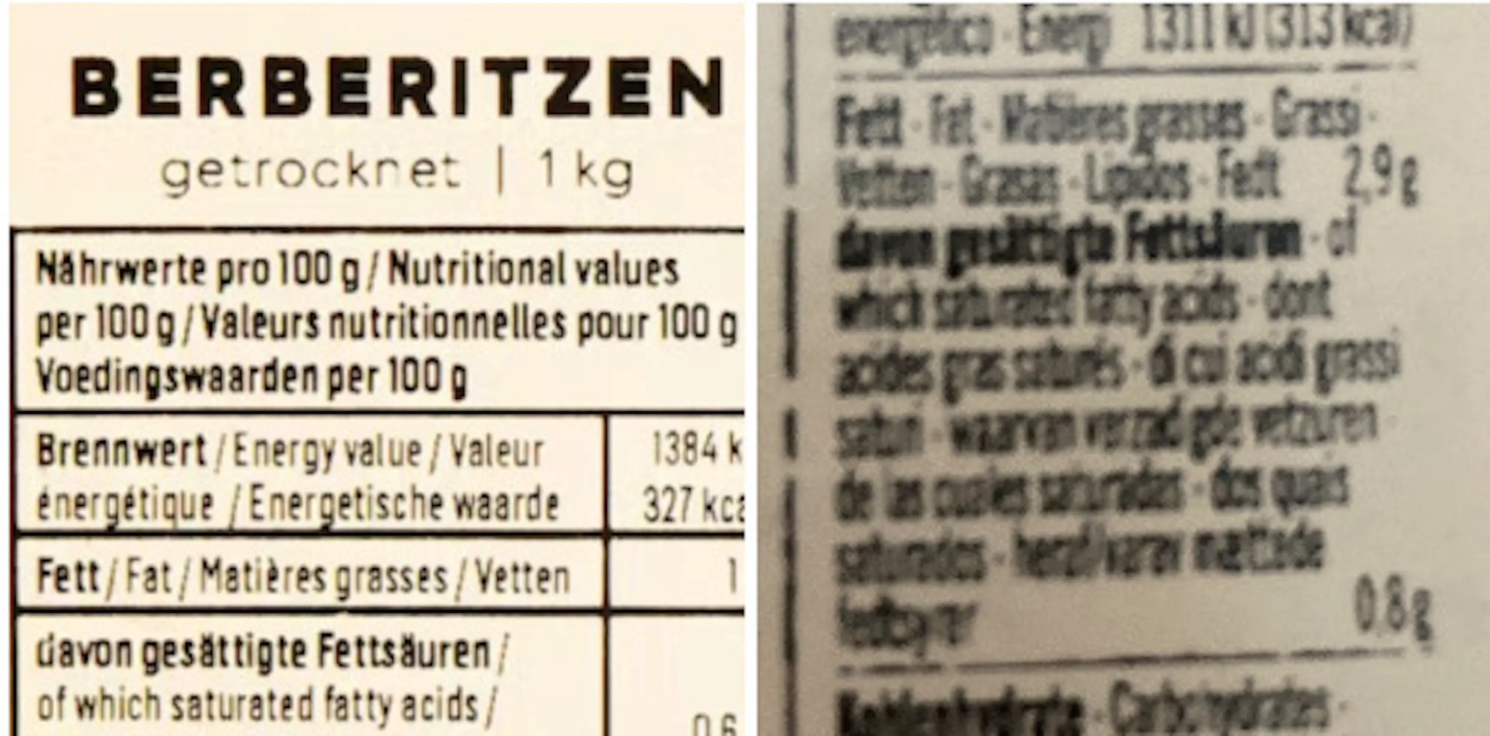 étiquette nutritionnelle pour des berberitzen séchées de 1kg, affichant les valeurs énergétiques, les matières grasses et les acides gras saturés par 100g en plusieurs langues.
