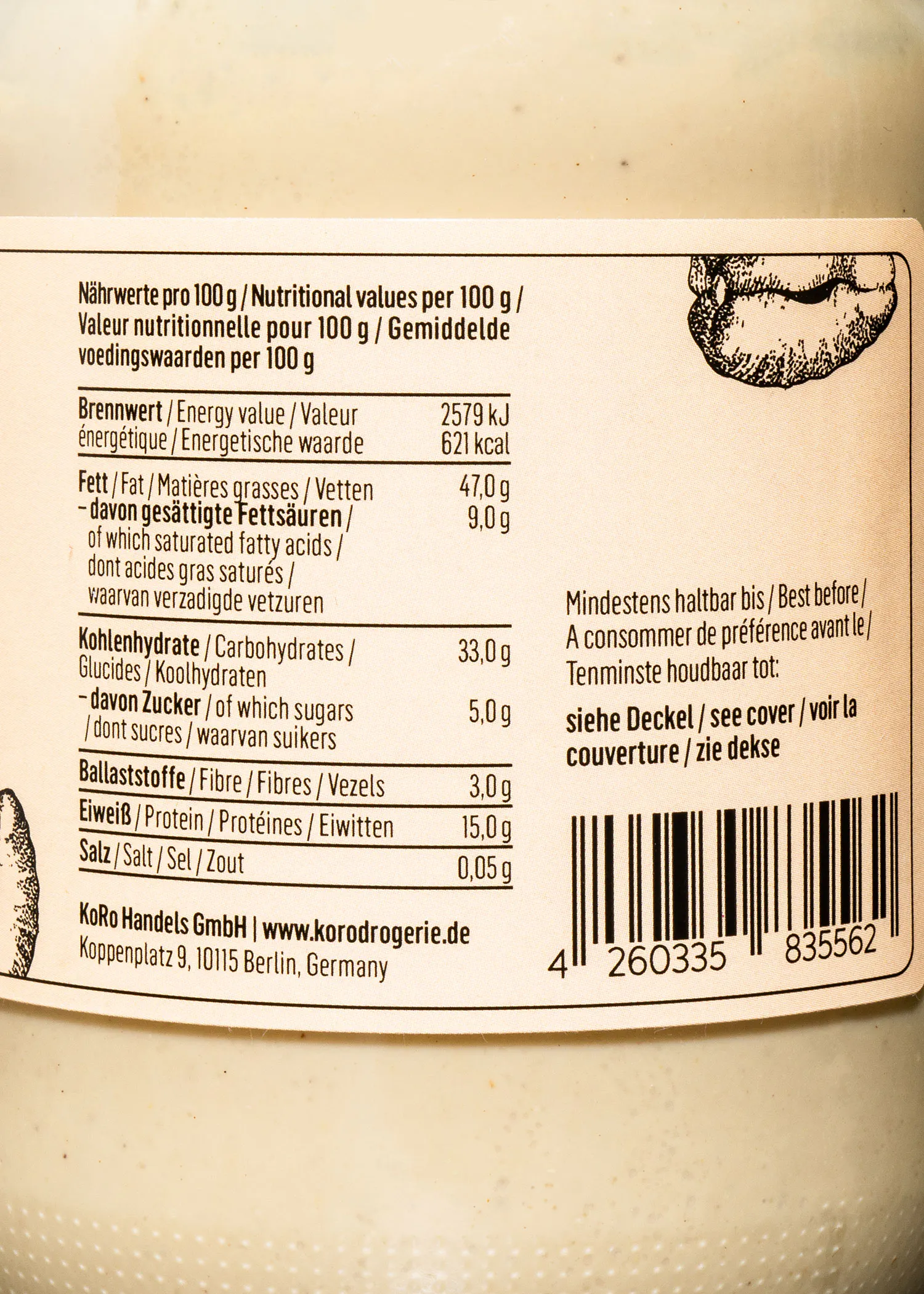 a label for a product that says nutritional values per 100g
