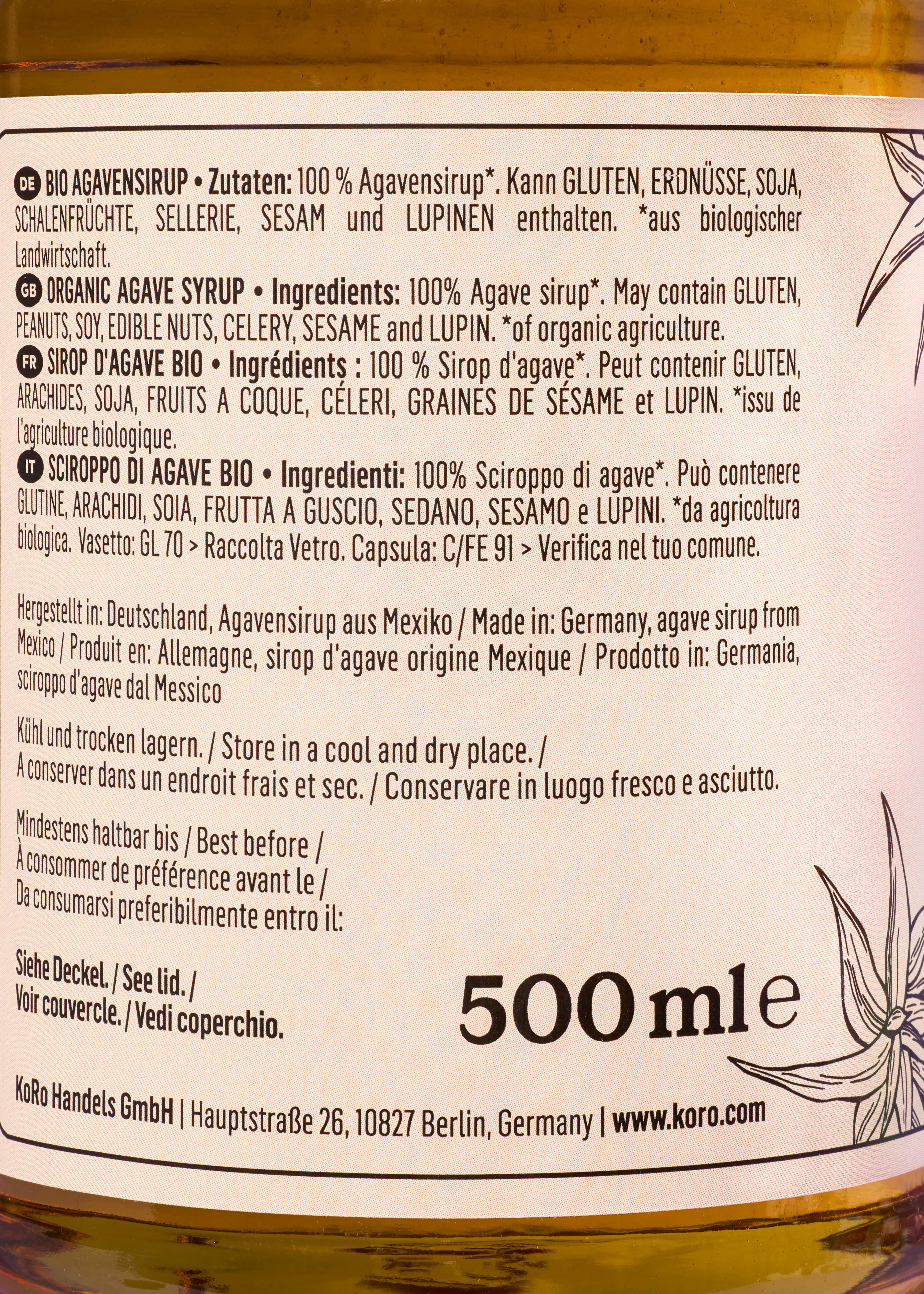 the back of a 500 ml bottle of agave syrup