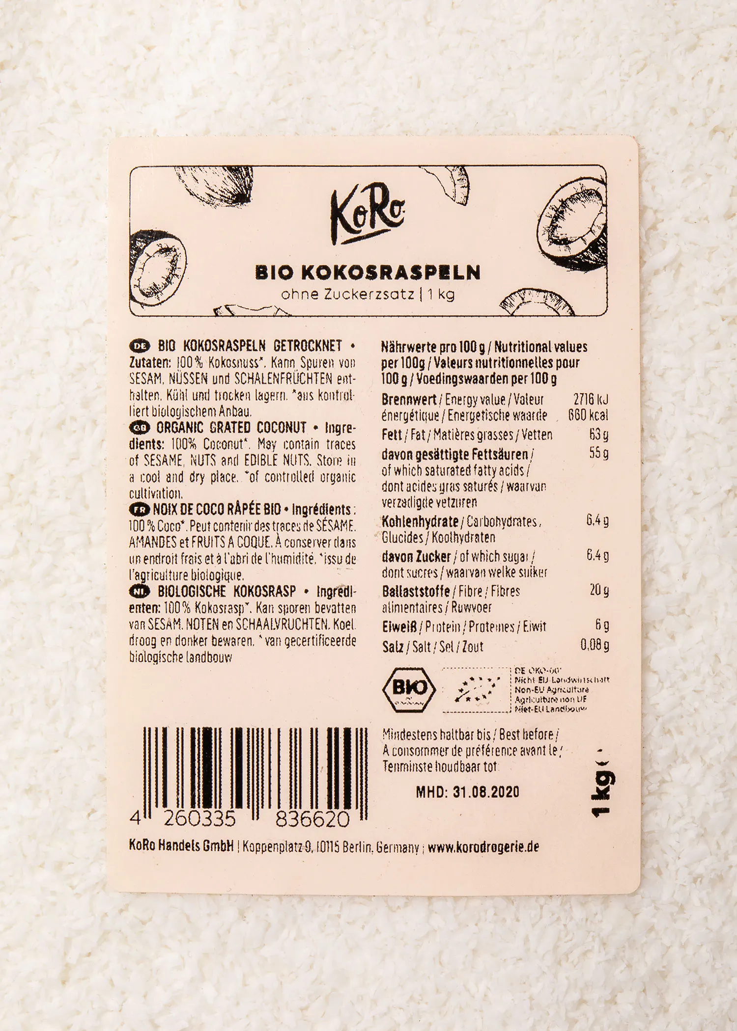 l' arrière de l' étiquette d' un produit de noix de coco bio