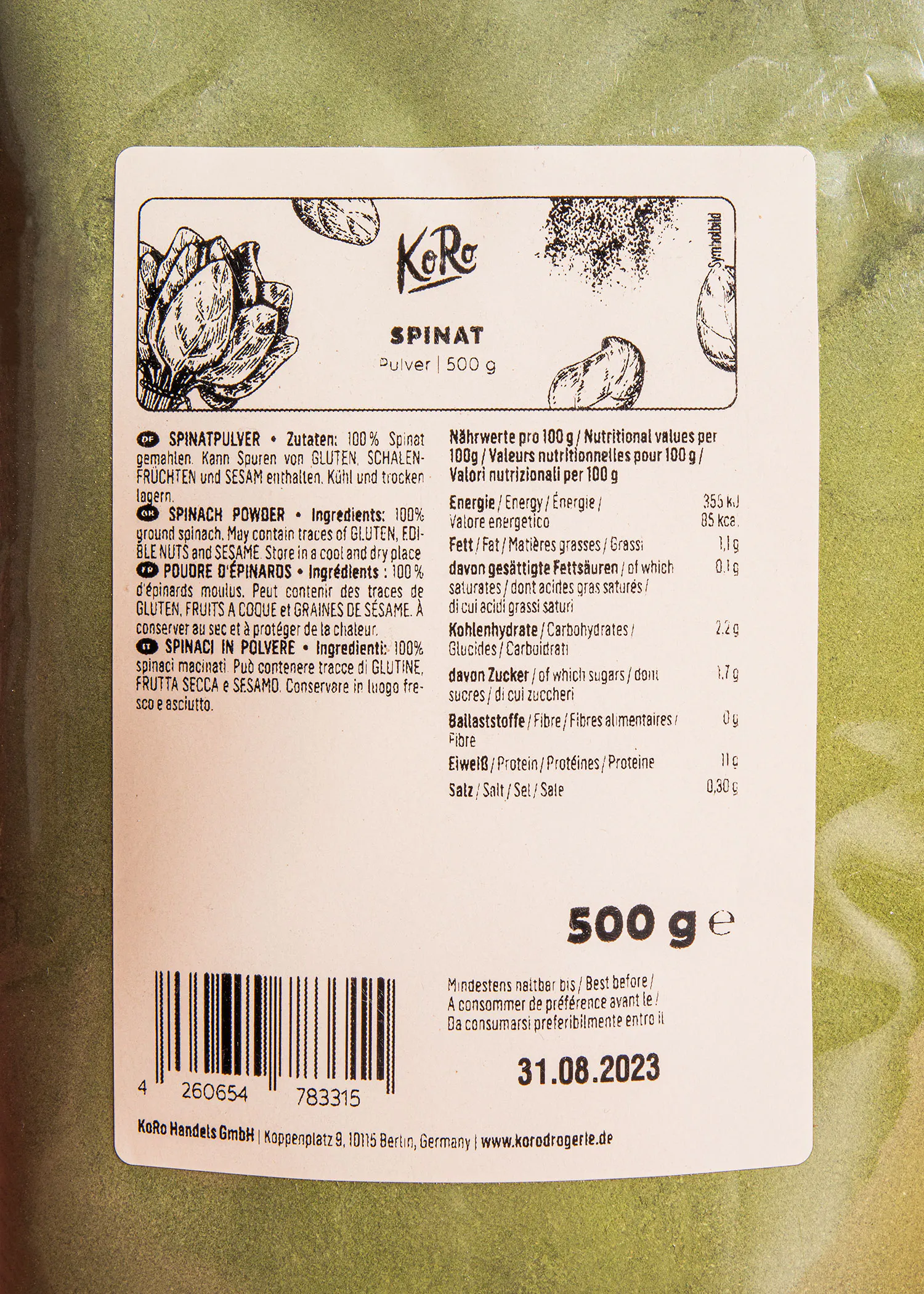 l' étiquette d' un paquet de poudre d' épinards de 500 g