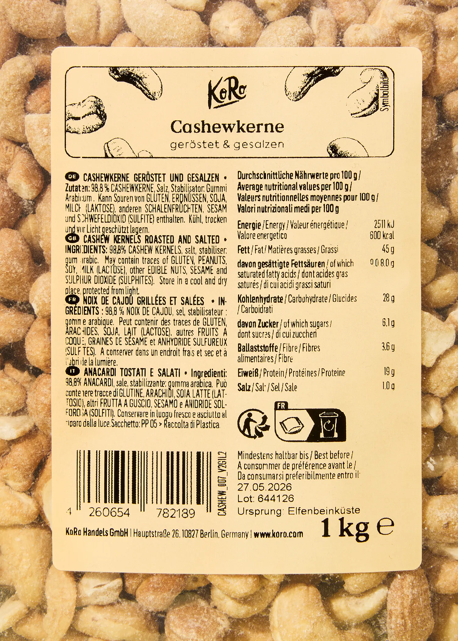 l' arrière d' une boîte de noix de cajou de 1 kg