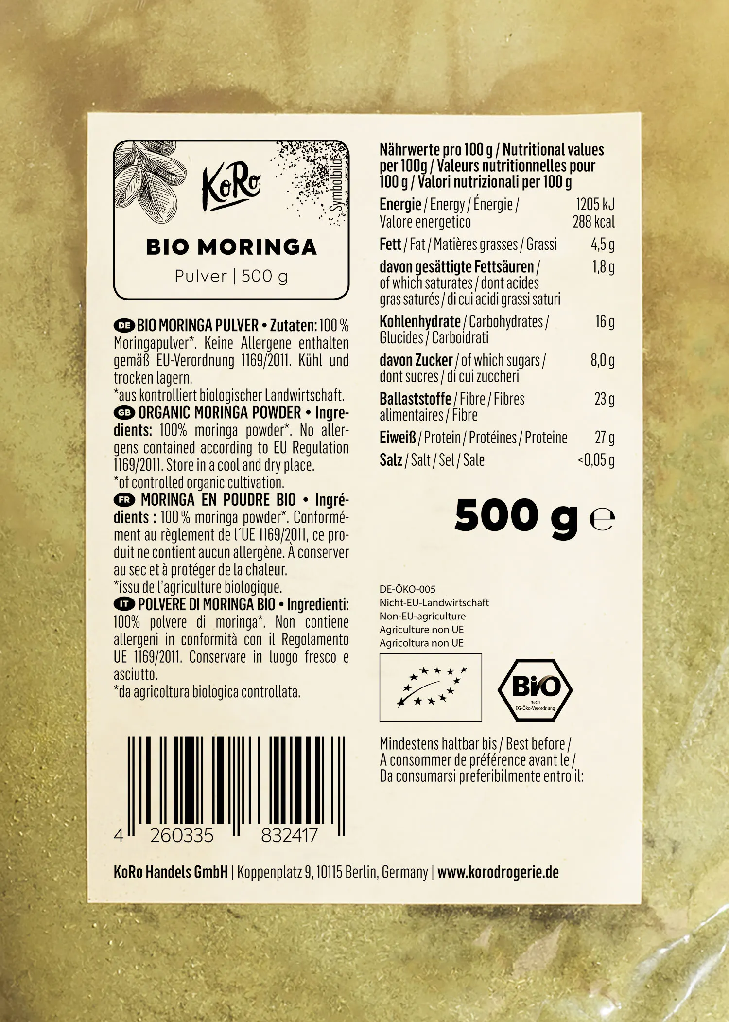 the back of a 500 g package of bio moringa powder
