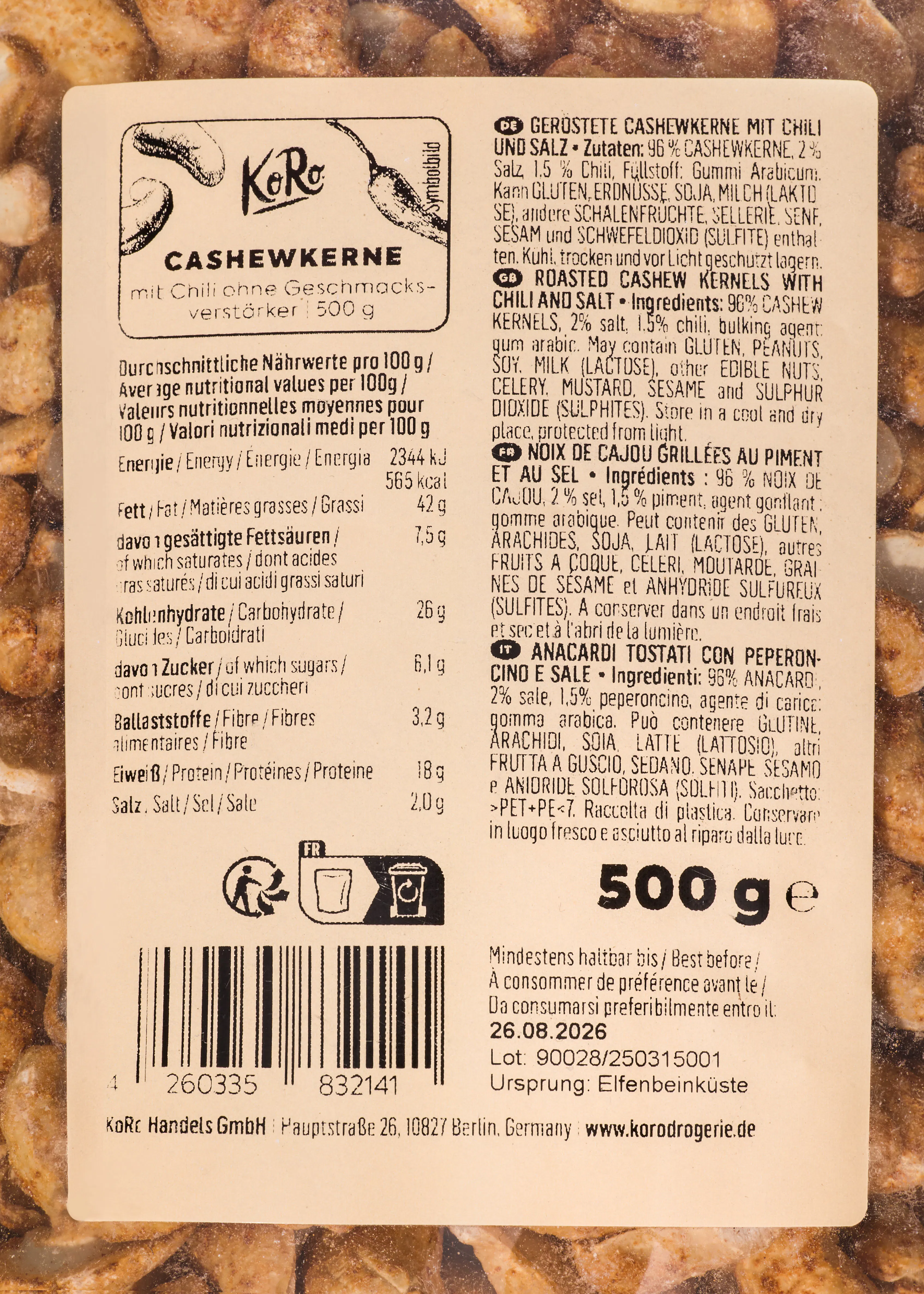 a product label for koro cashew kernels with chili, displaying nutritional information, ingredients in multiple languages, a barcode, and a 500g weight.