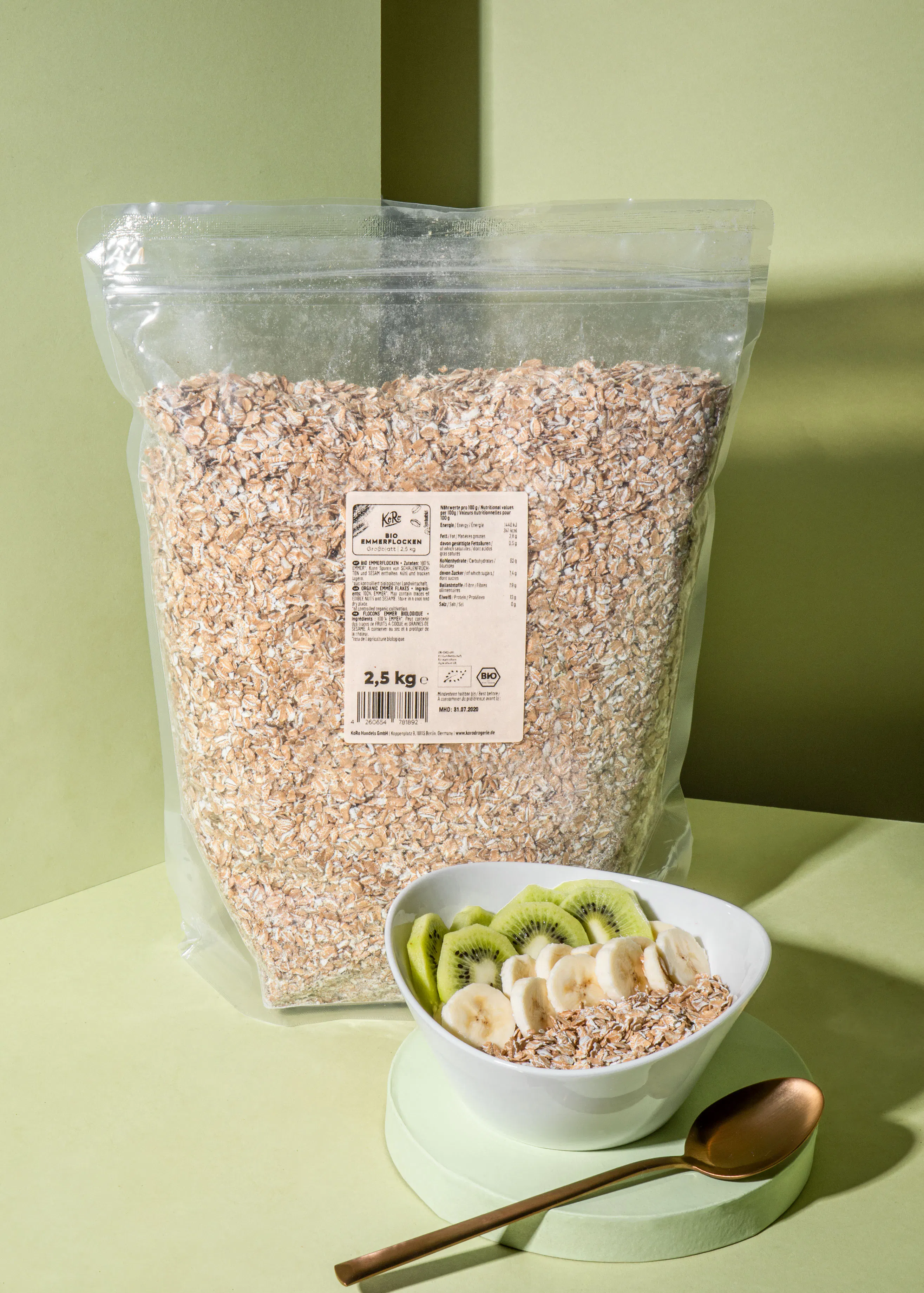 a bag of oats sits next to a bowl of oats