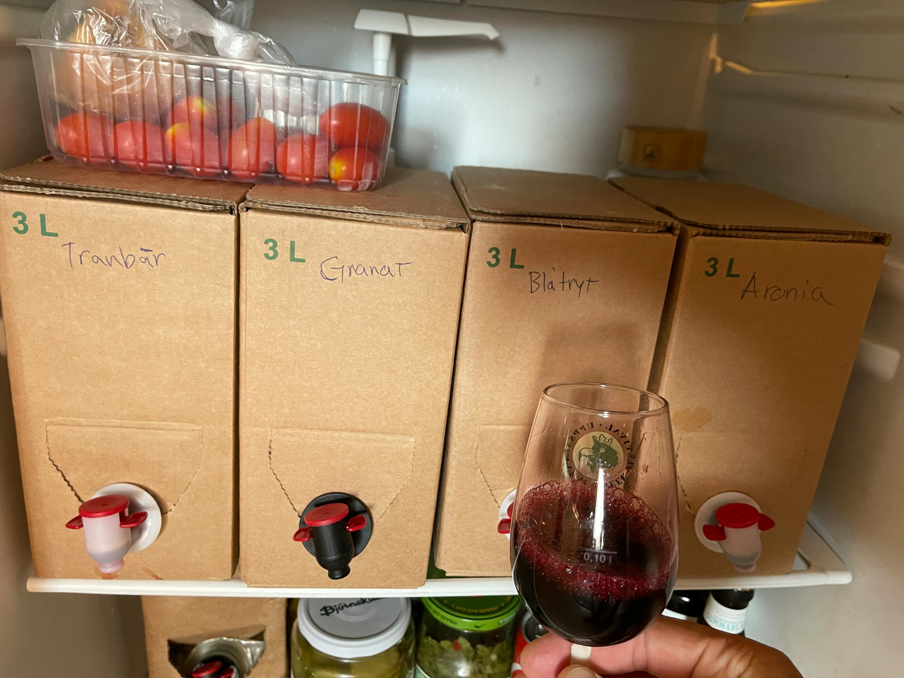a person is holding a glass of red wine in front of three boxes labeled 3l