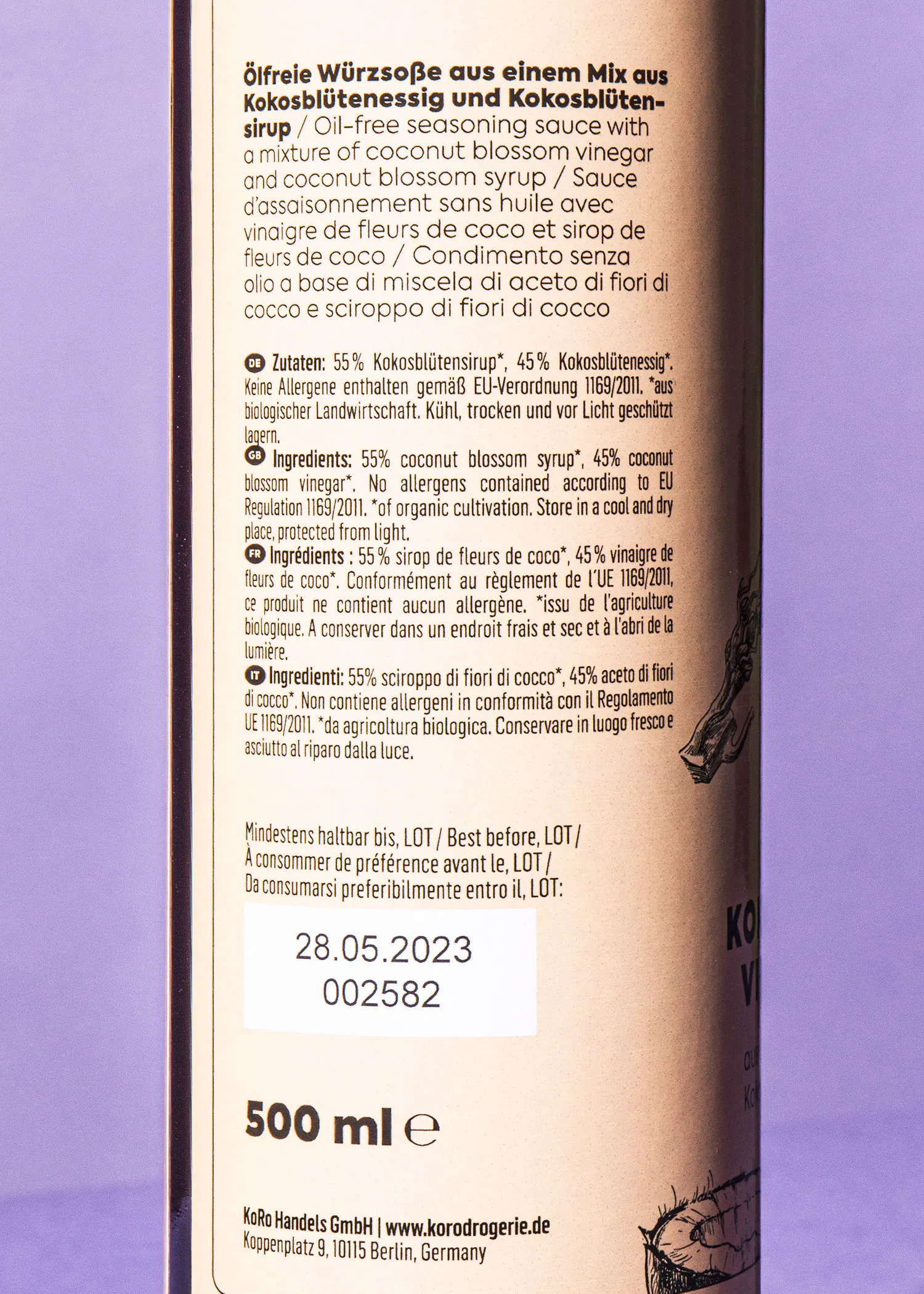 l' arrière d' une bouteille de sirop de fleurs de coco