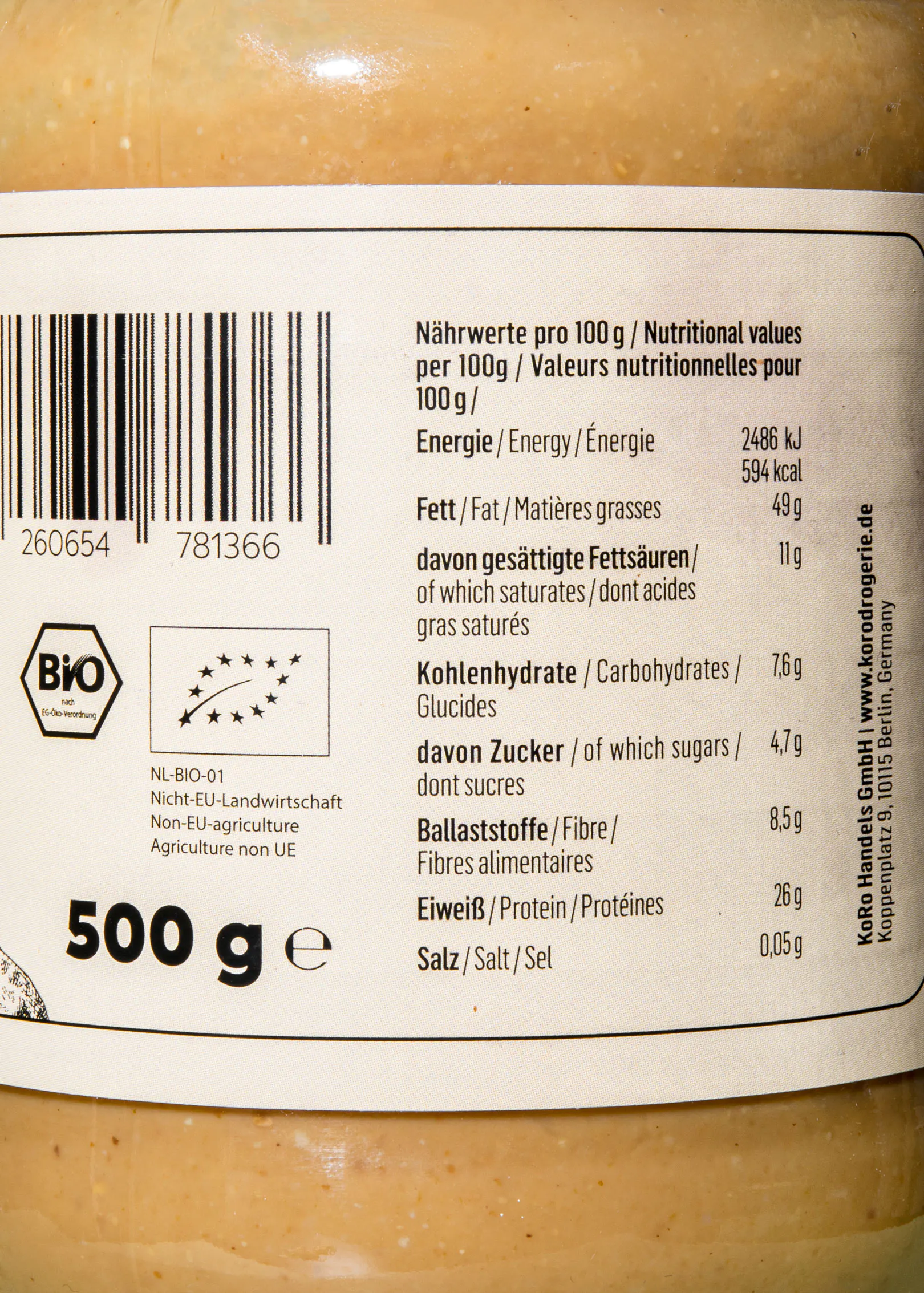 l' arrière d' une bouteille de beurre d' arachide bio 500 g