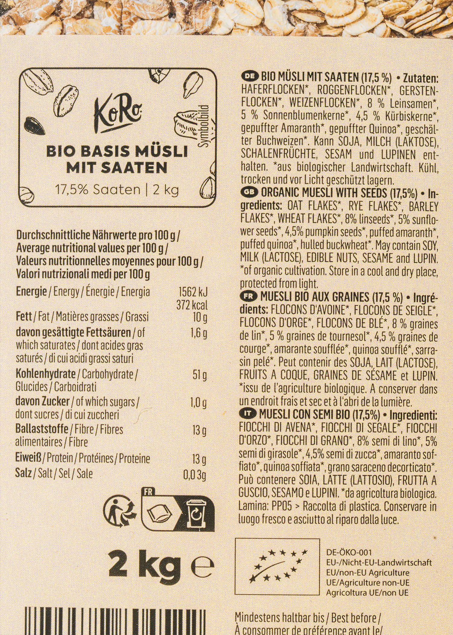 l' arrière d' une boîte de muesli bio avec des graines