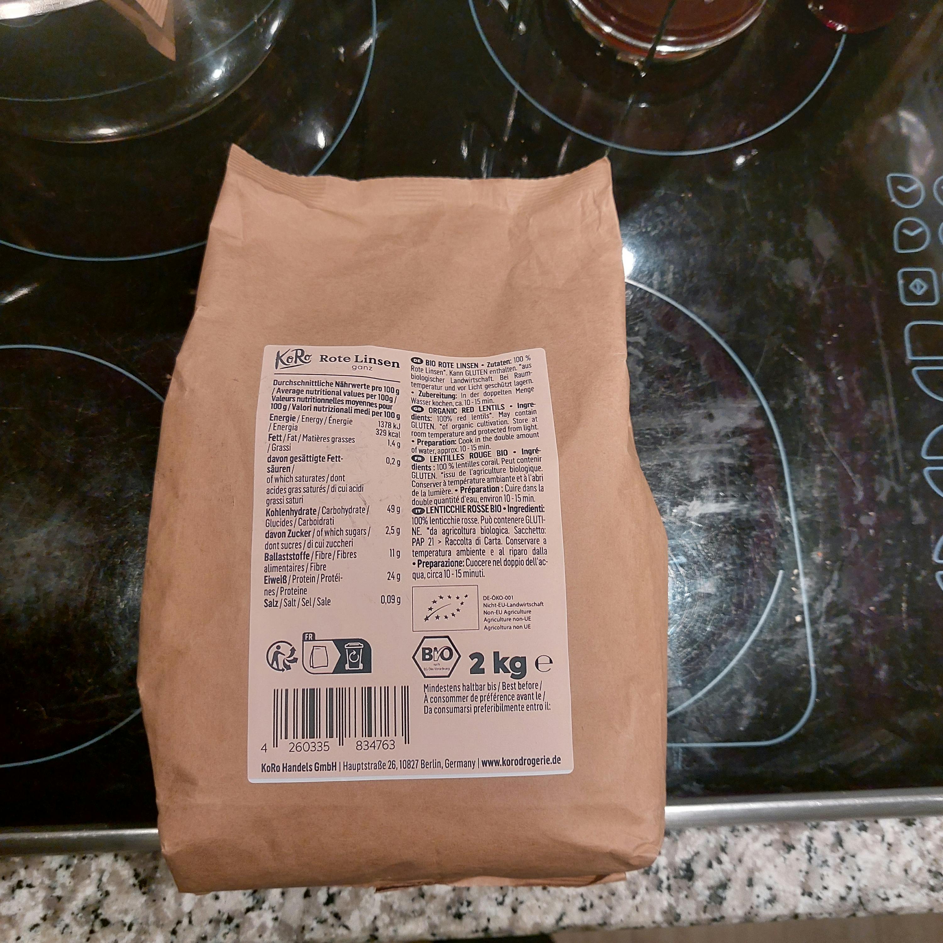 a bag of cocoa beans is on a counter top