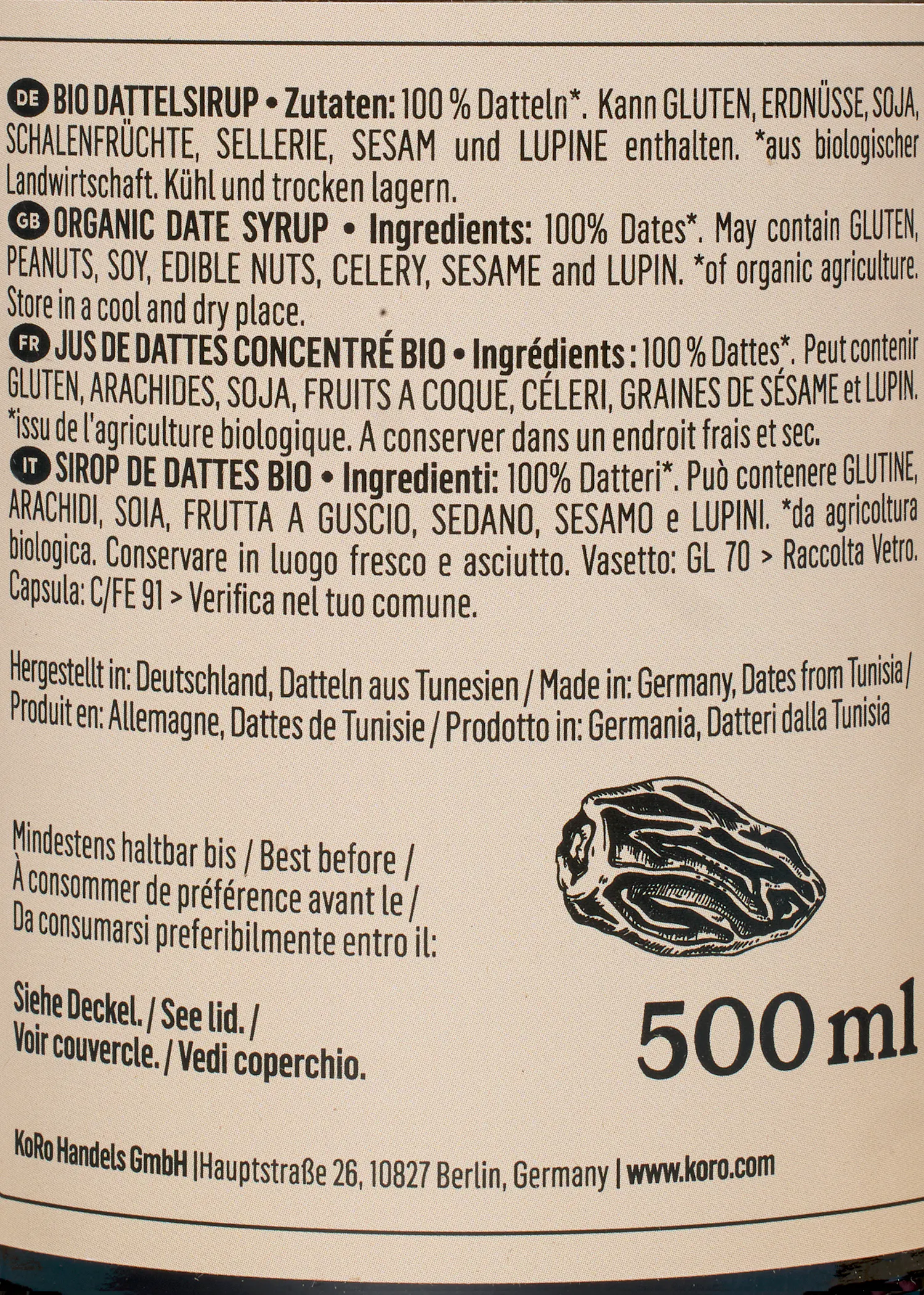 l' arrière d' une bouteille de sirop de dattes bio