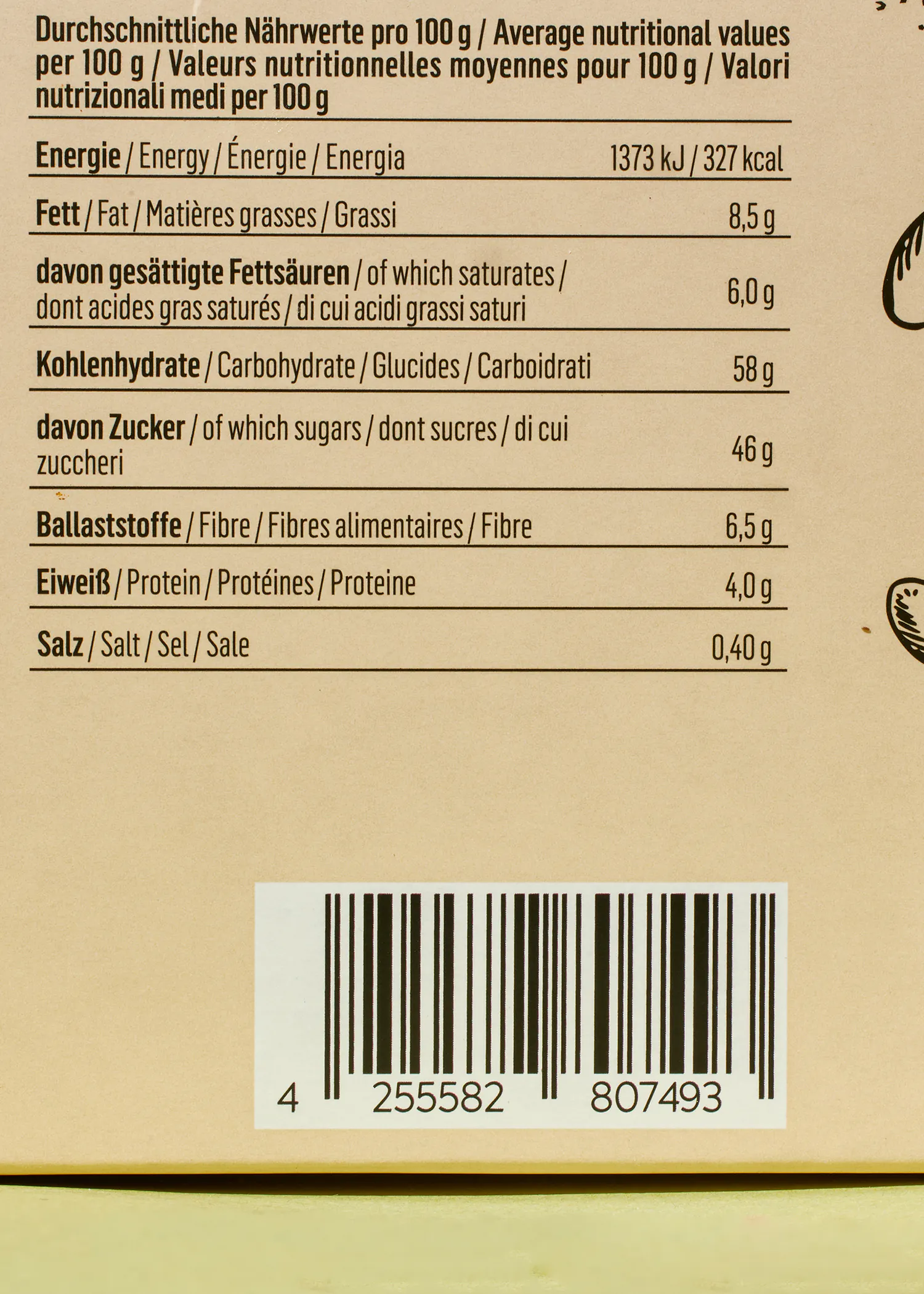 ein Etikett mit einem barcode und einer nährwerttabelle