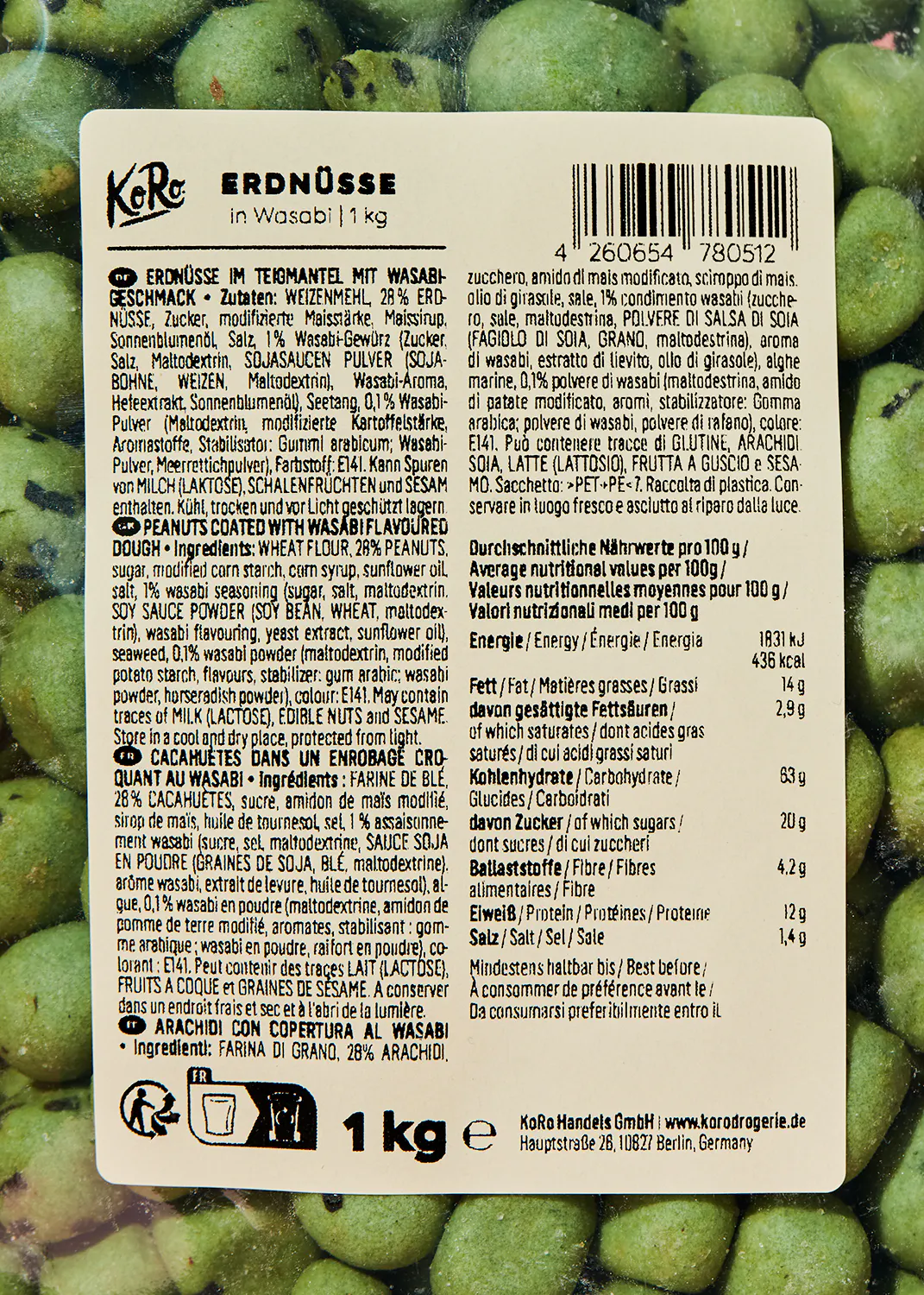 eine Etikett mit der Aufschrift erdnusse in wasabi 1 kg
