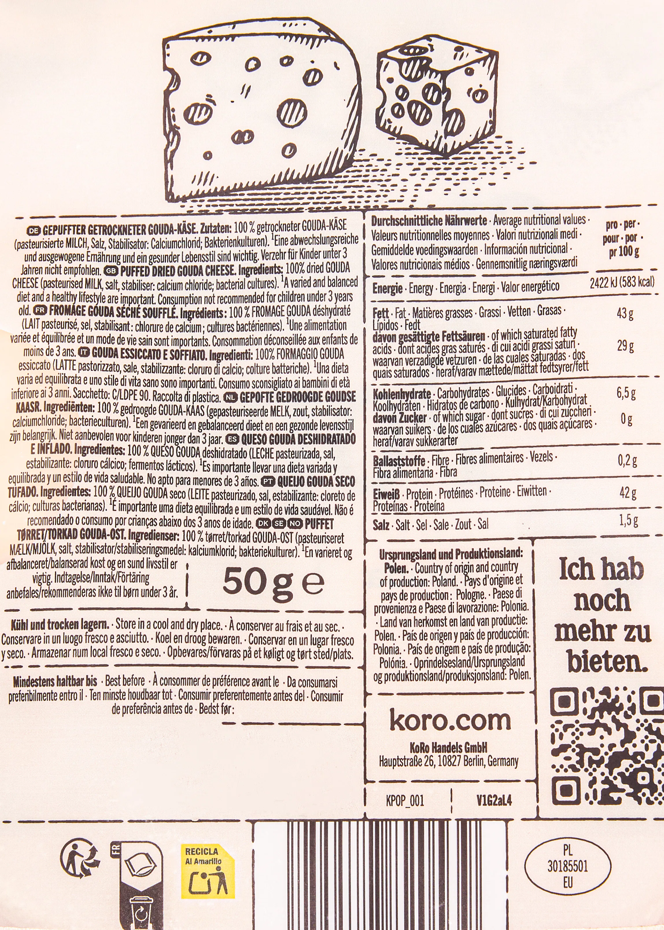 die rückseite einer verpackung von gepuffertem gouda-käse mit nährwertangaben, zutatenliste und herstellerinformationen.