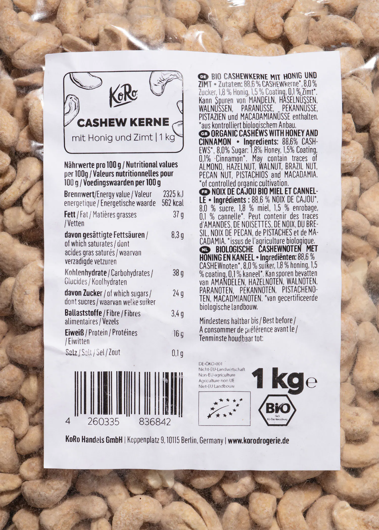 a package of cashew kernels has a nutritional label