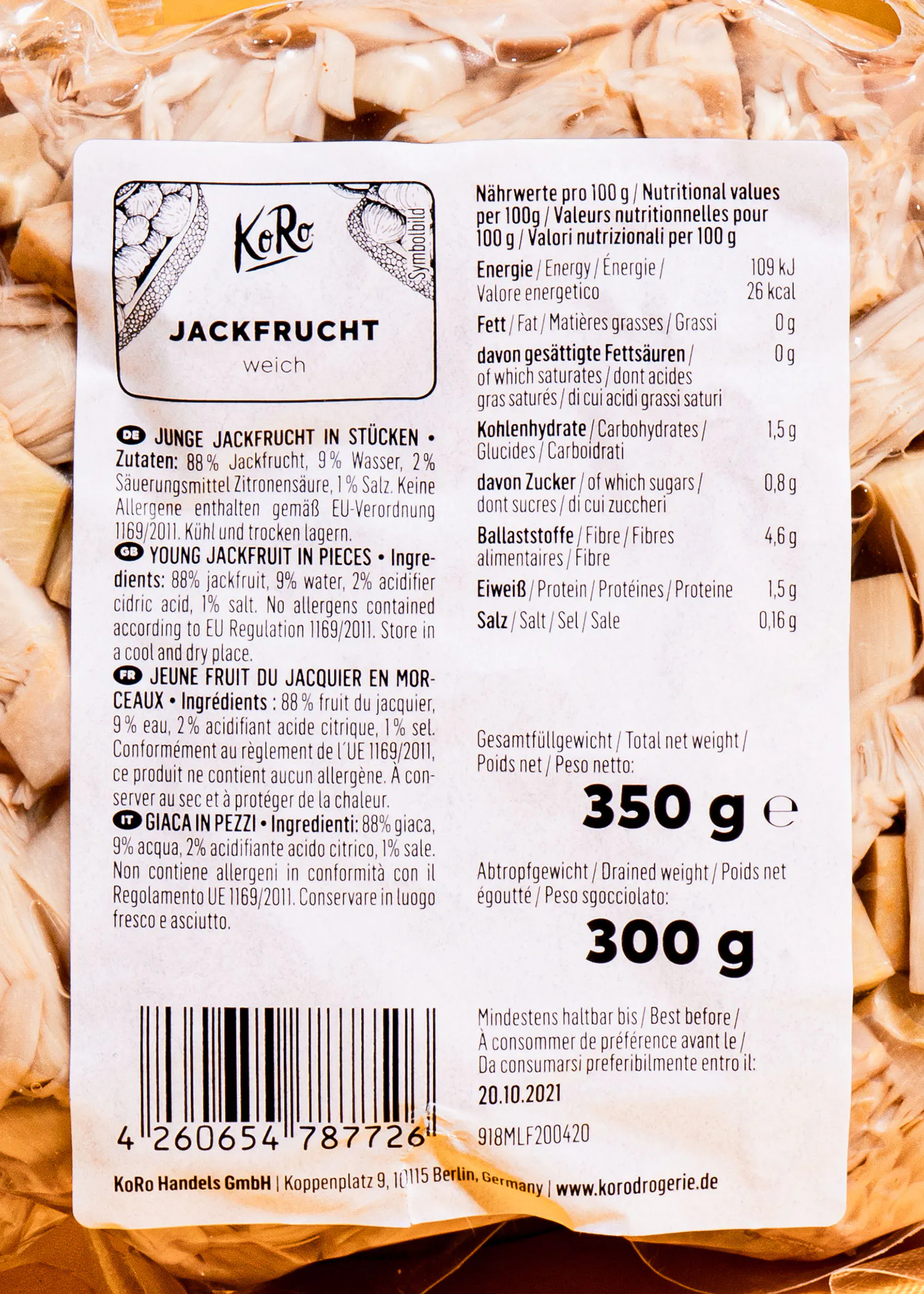 the back of a package of jackfruit which is 350g