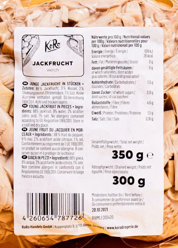 the back of a package of jackfruit which is 350g