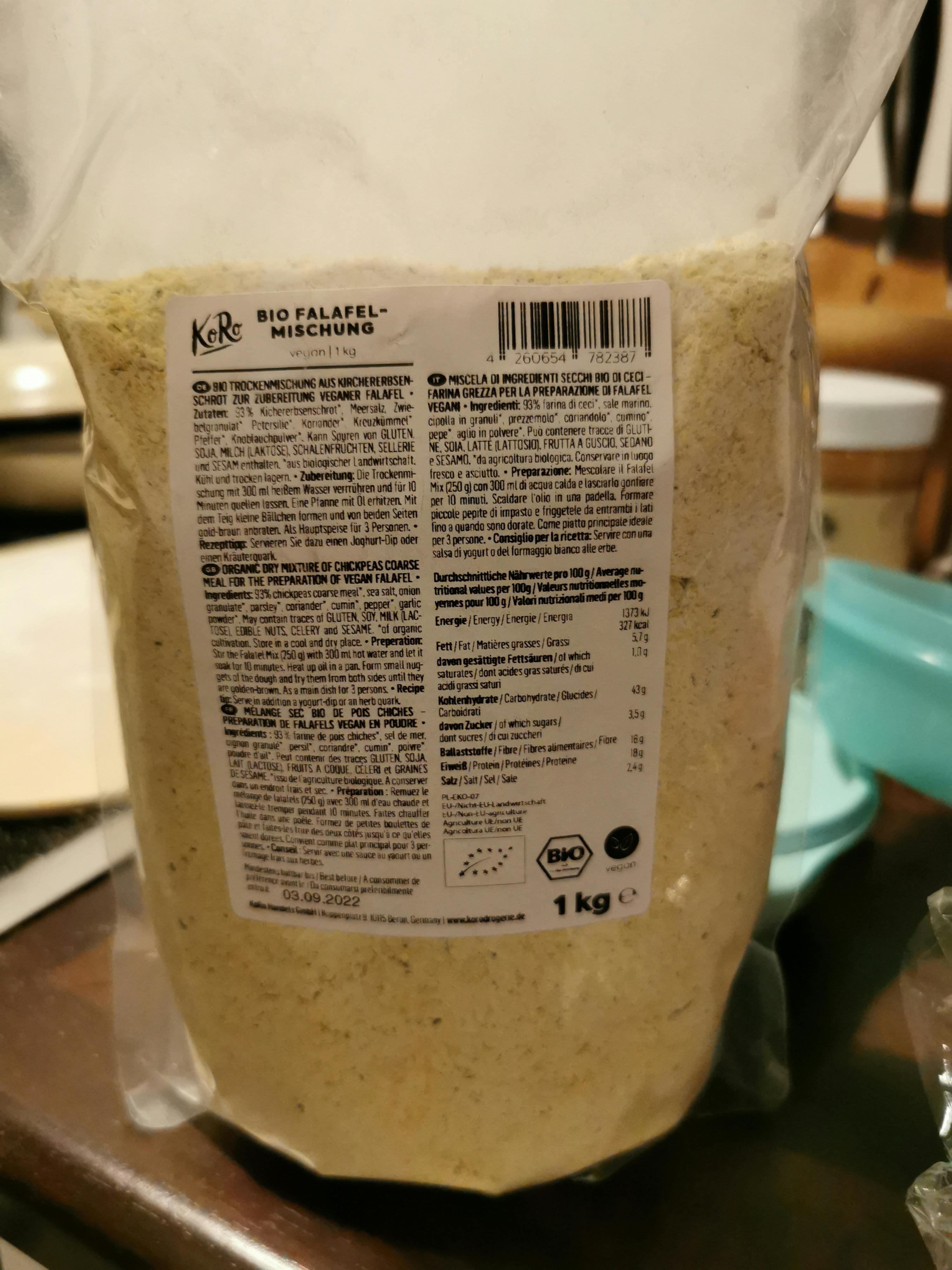 die Rückseite eines 1kg-Beutels bio falafel-Mischung