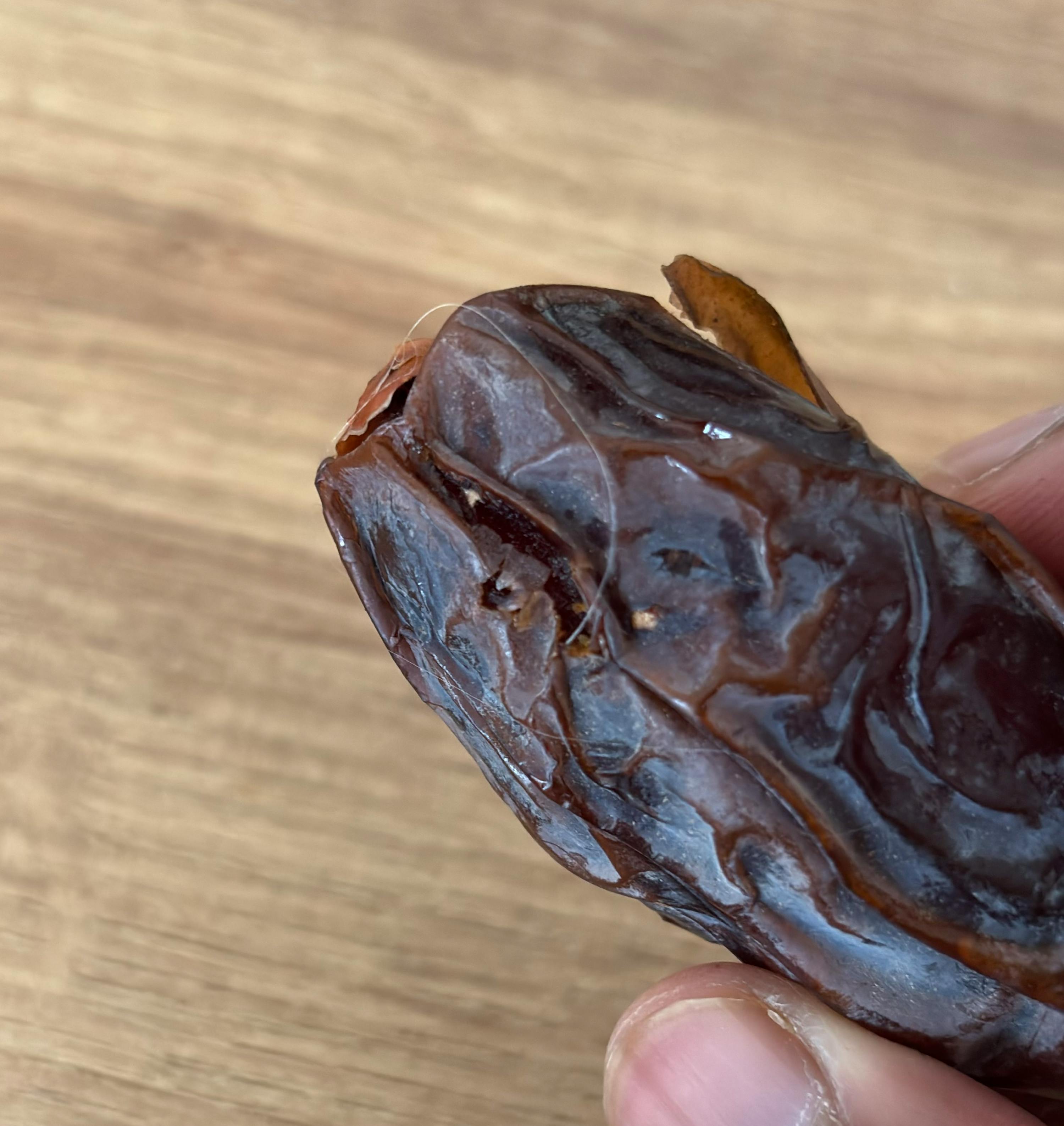a close up of a person holding a dried fruit