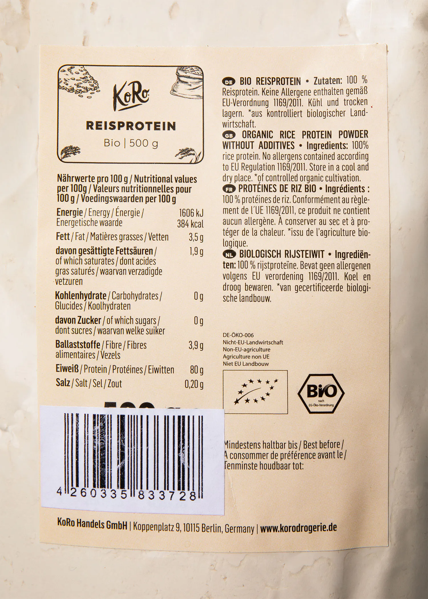 l' arrière de l' emballage d' une poudre de protéines de riz bio