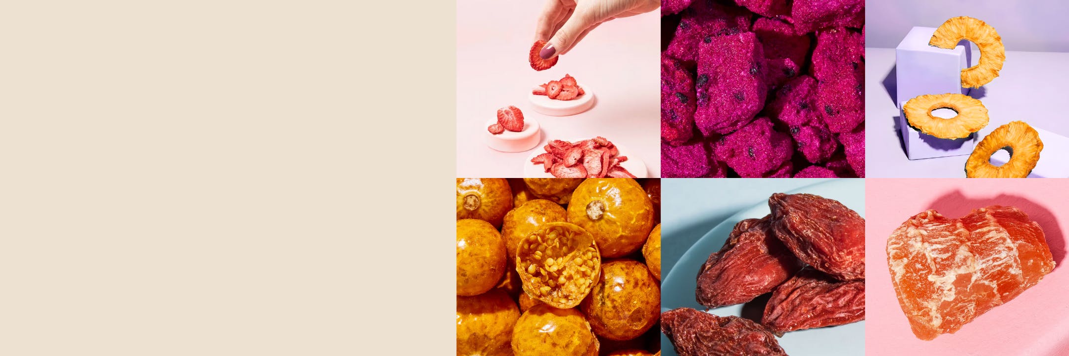 un collage di immagini di frutta e verdura su sfondo rosa