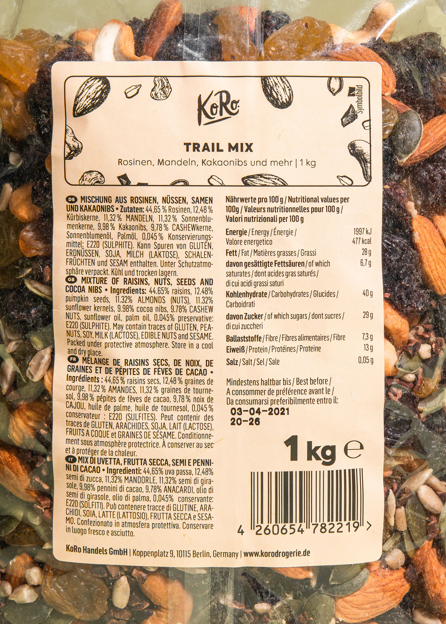 eine Nahaufnahme der Rückseite einer Packung trailmix