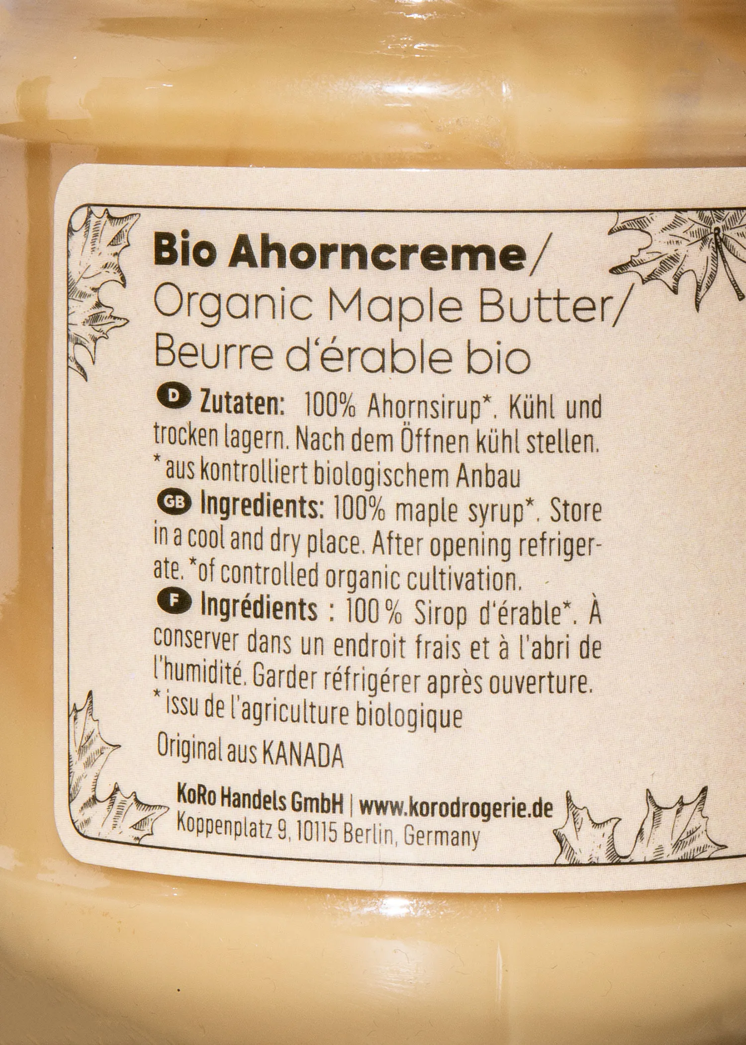a close up of a label for bio ahorncreme organic maple butter