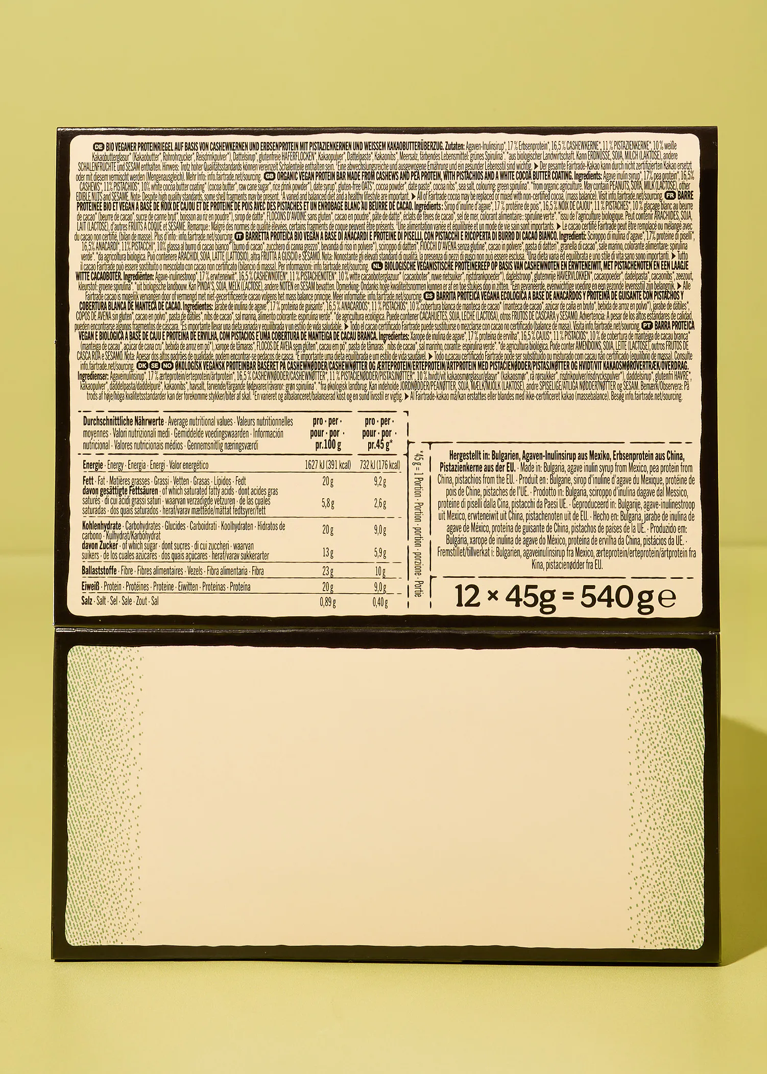 Vegaaninen Luomu Proteiinipatukka Pistaasi Valkosuklaa | 12 x 45 g