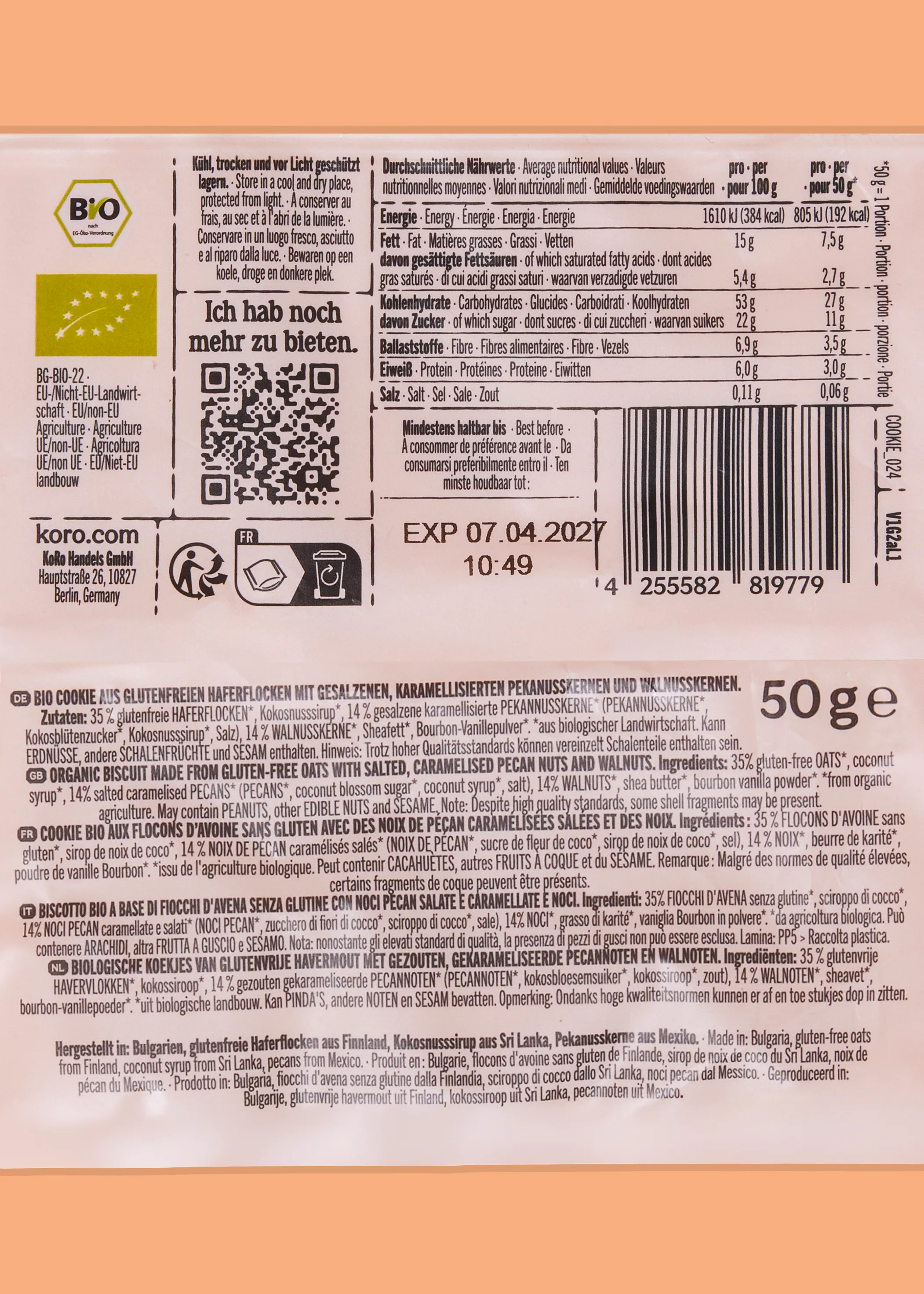 the back of a koro organic gluten-free oat cookie package showing nutritional information, ingredients, and storage instructions in multiple languages.