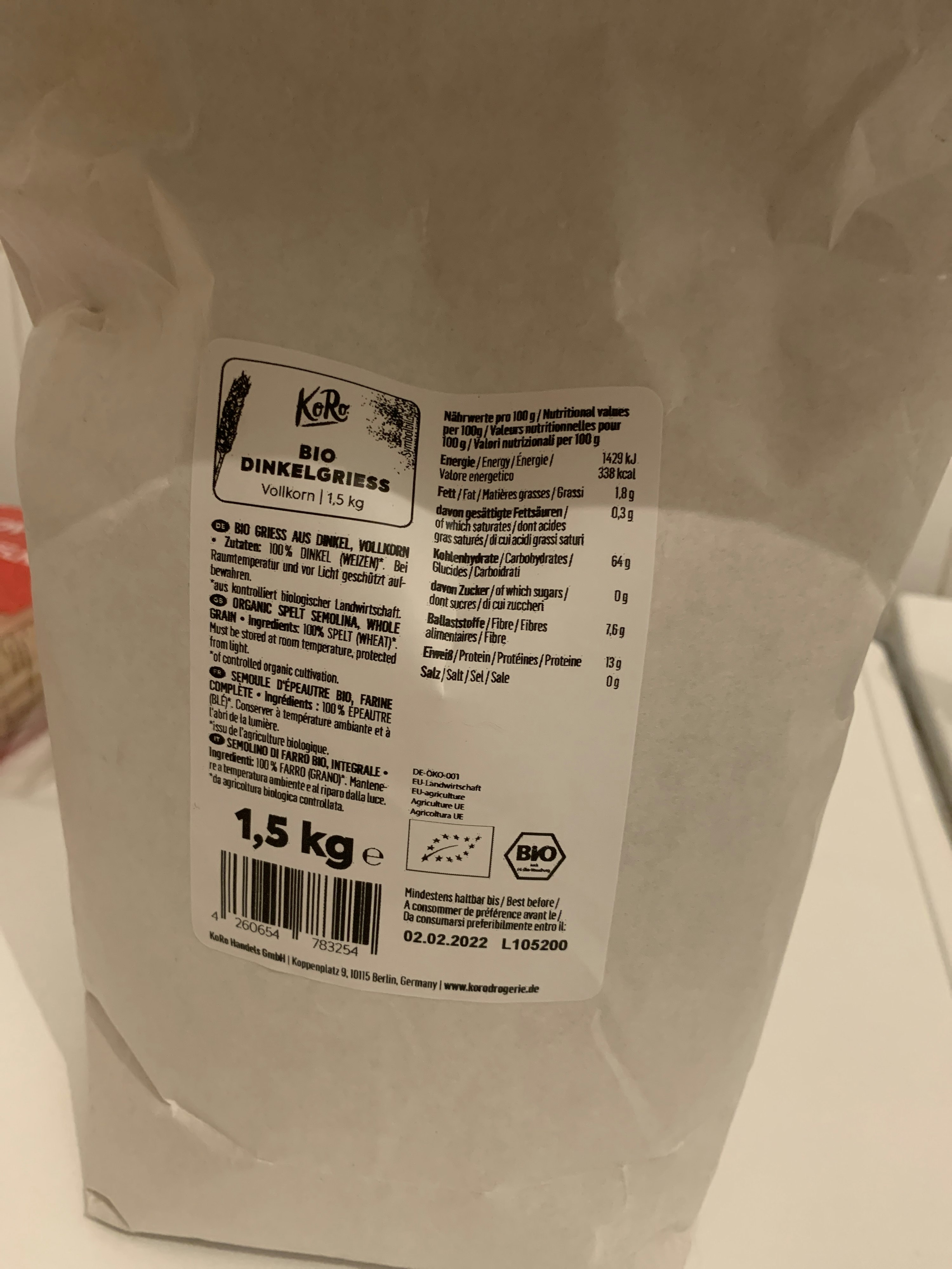 Buy organic wholegrain spelt semolina KoRo Swiss