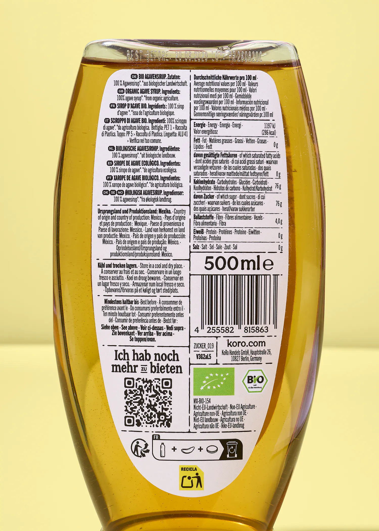 étiquette arrière d'une bouteille de sirop d'agave bio koro affichant les informations nutritionnelles, les ingrédients, le pays d'origine et les consignes de recyclage.