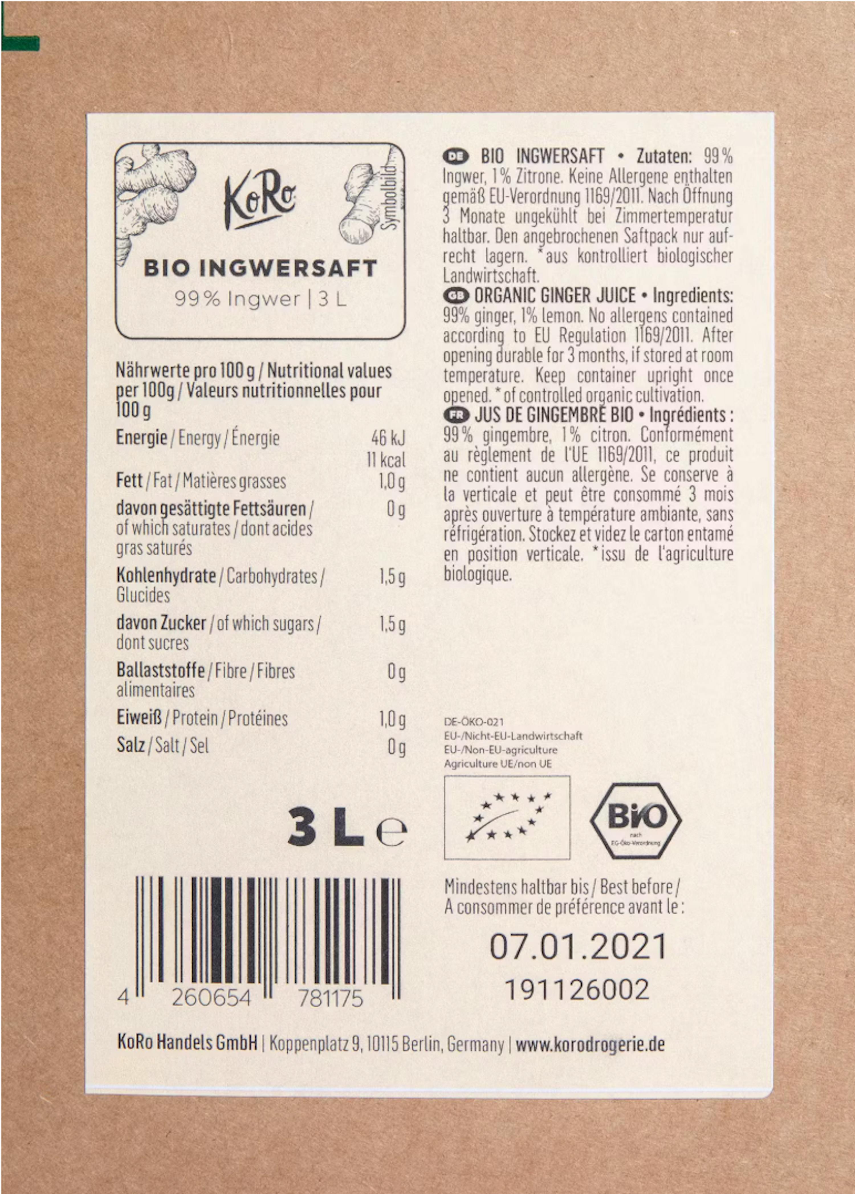 etikett für koro bio ingwersaft (3 liter) mit nährwertangaben, zutaten in mehreren sprachen, einem strichcode und dem mindesthaltbarkeitsdatum 07.01.2021.