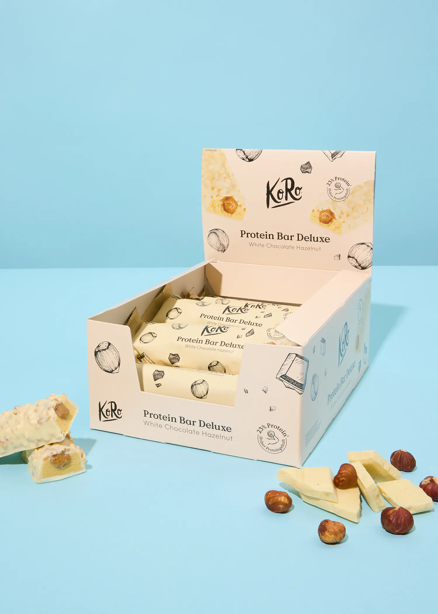 a box of karo protein bar deluxe white chocolate almond