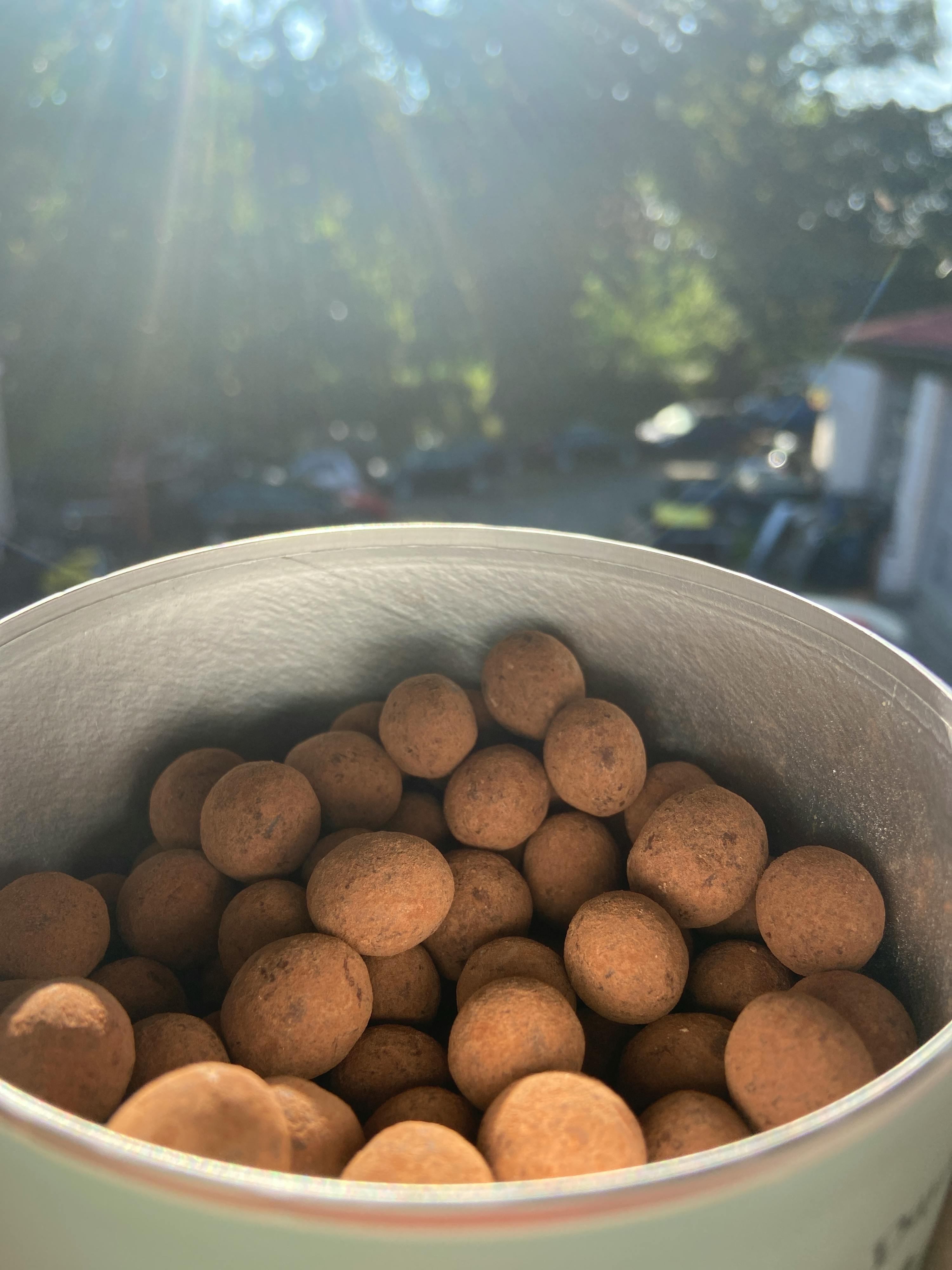 eine Metalldose mit Schokoladenkugeln darin