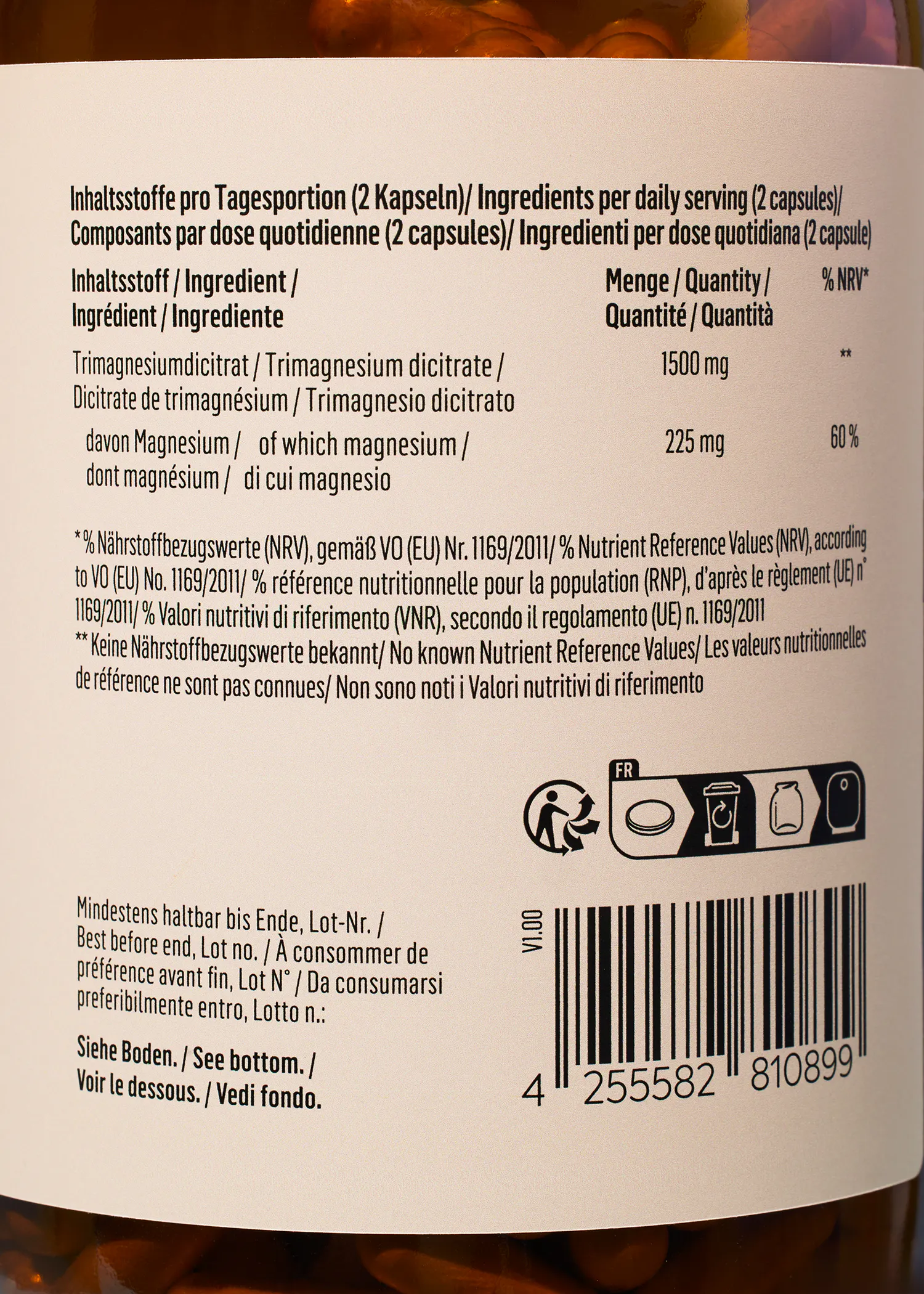 the back of a bottle of magnesium capsules has a barcode on it