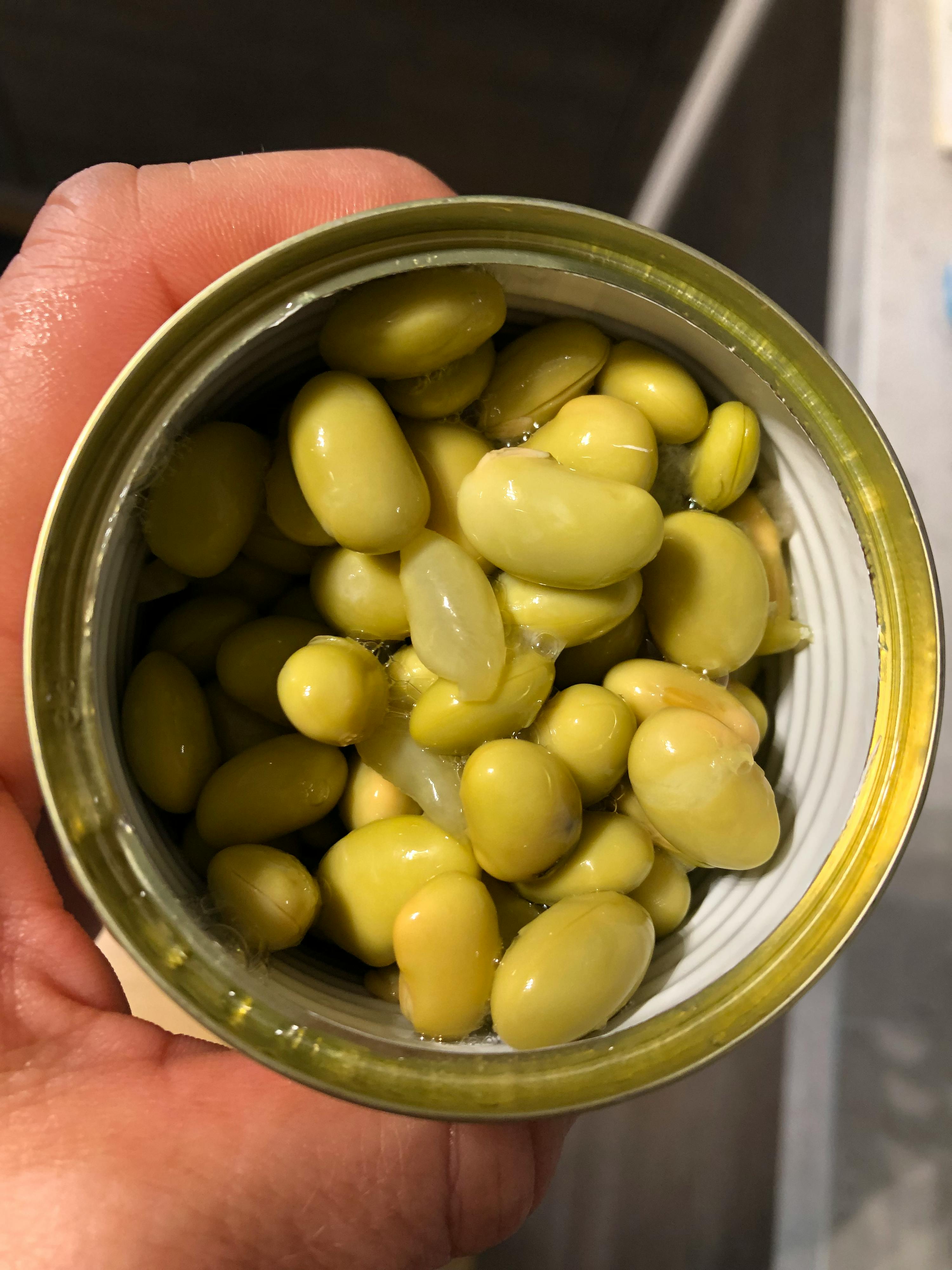 a person is holding a can of green beans