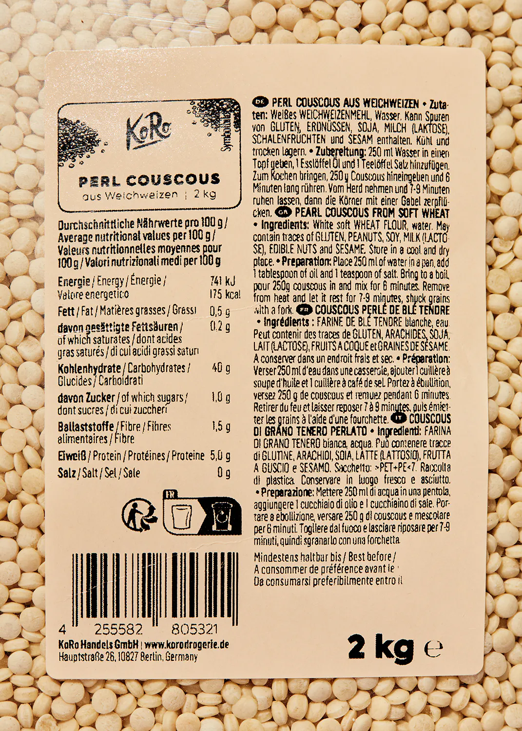 die rückseite einer verpackten perle couscous aus weichweizen