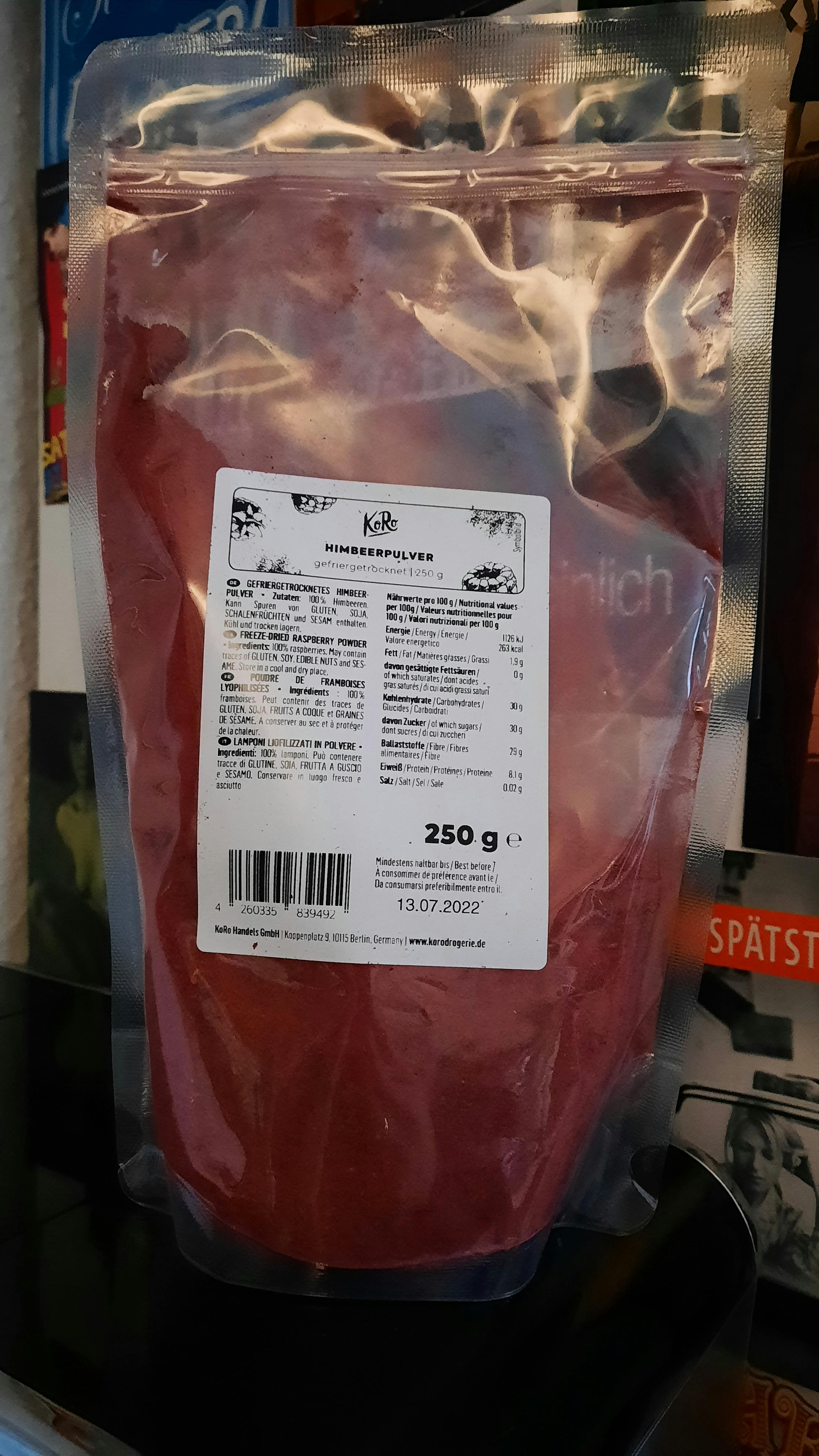a bag of red powder with a label that says 250g