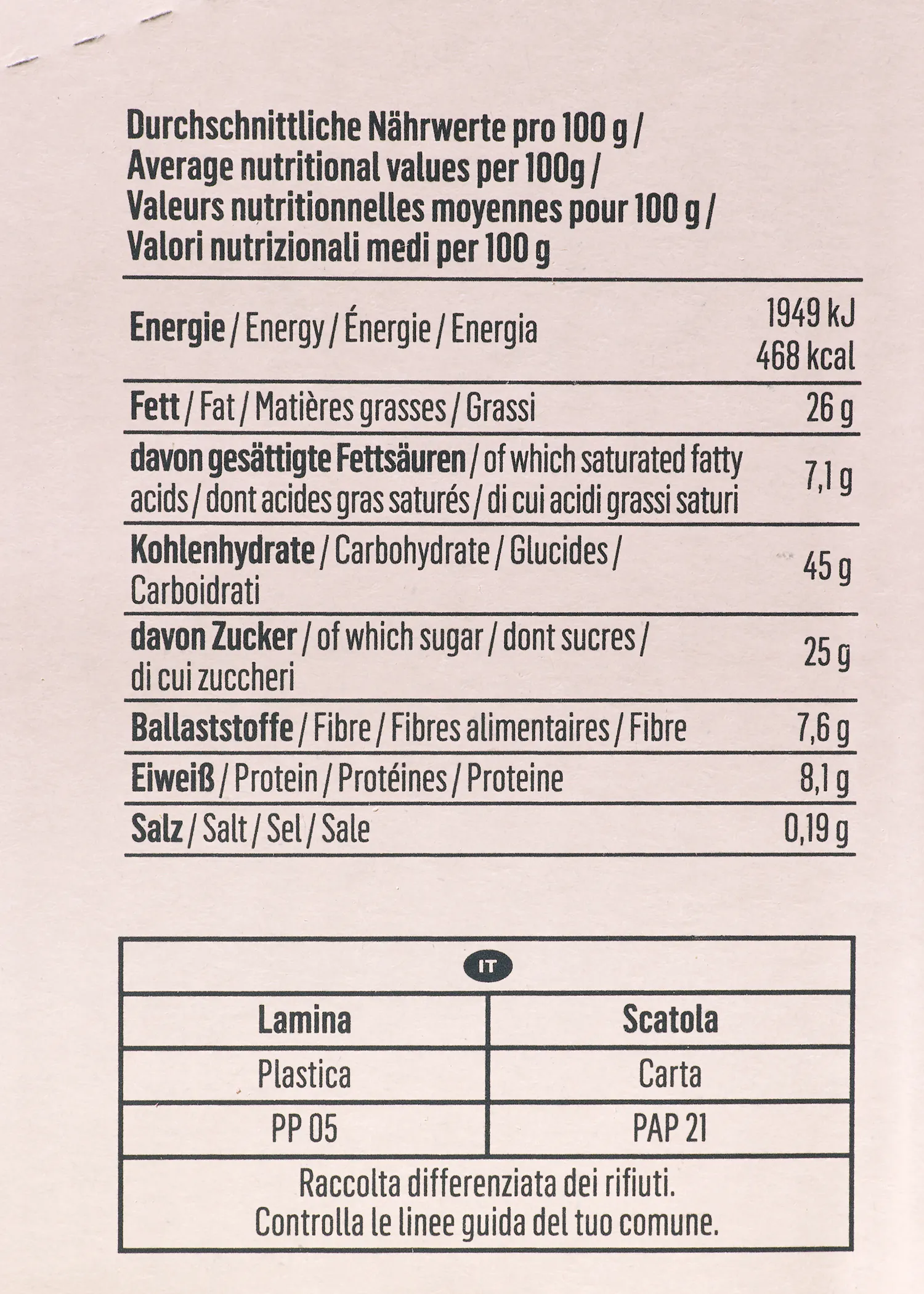 a nutritional facts label shows the average nutritional values per 100g