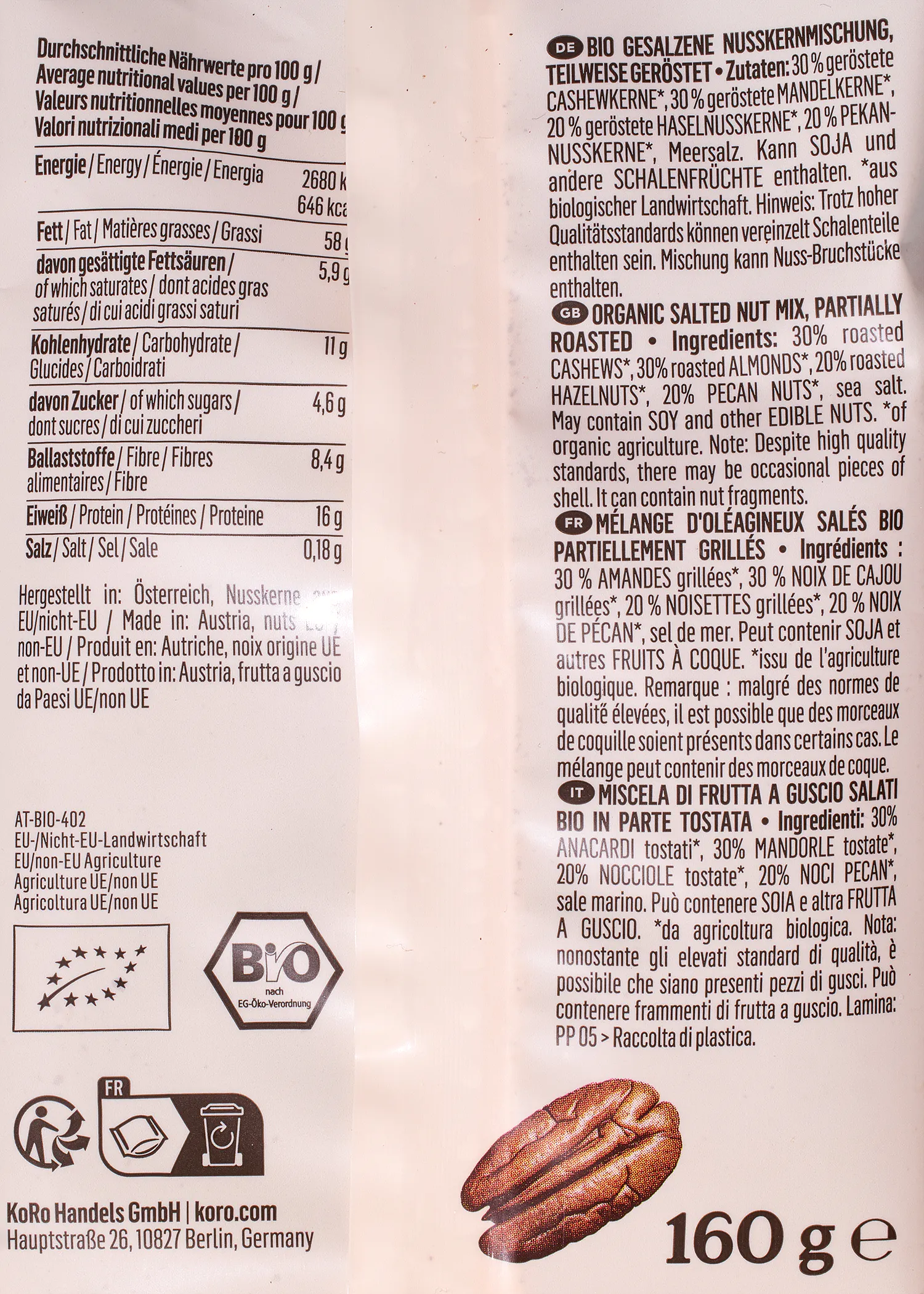 Bio geroosterde notenmix met pecan- en hazelnoten 160 g