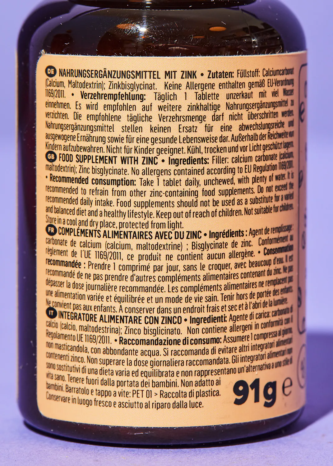 the back of a bottle of zinc contains a lot of information