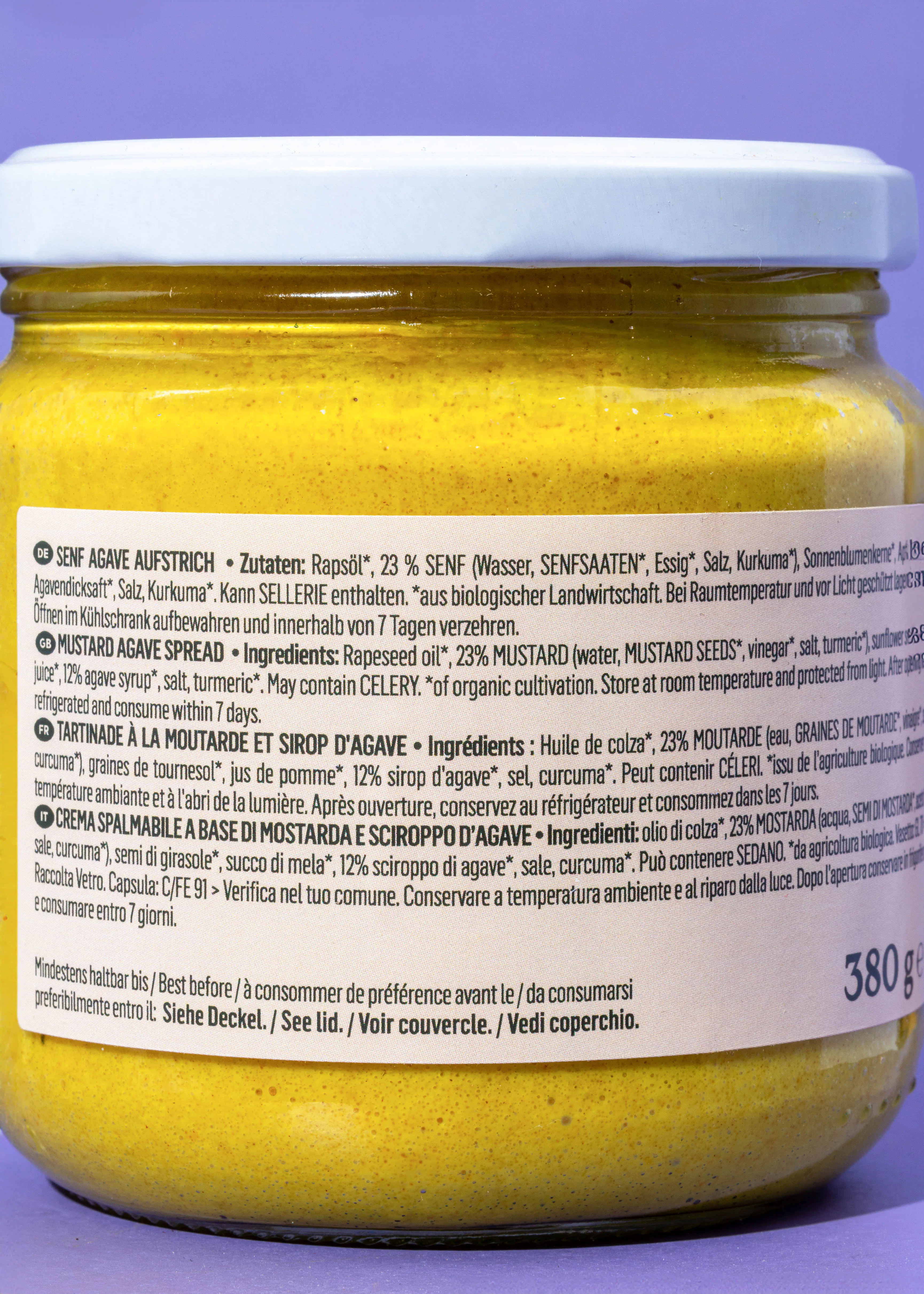 die rückseite eines glases senf agave aufstrich