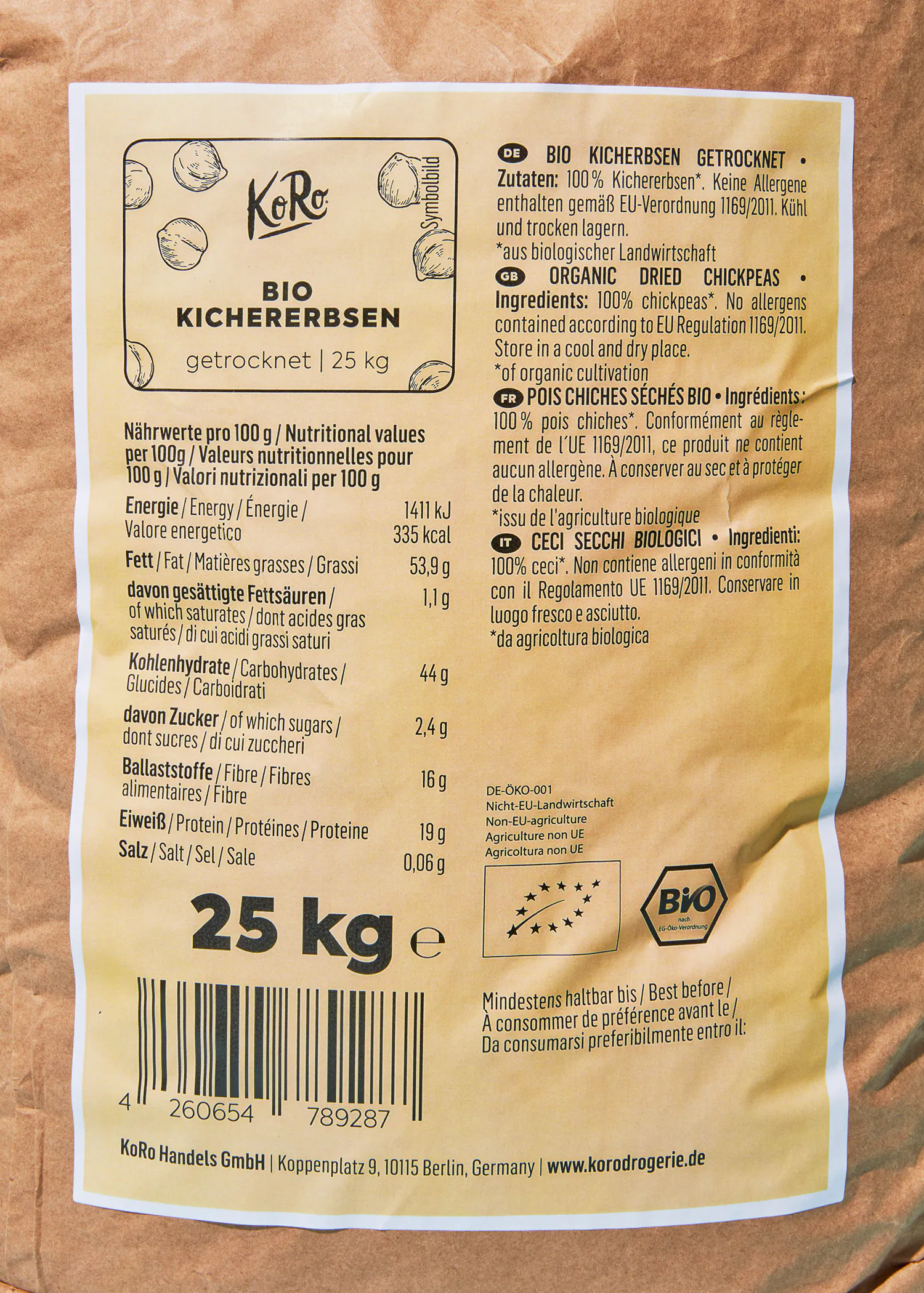 the back of a 25 kg bag of bio kicherbsen